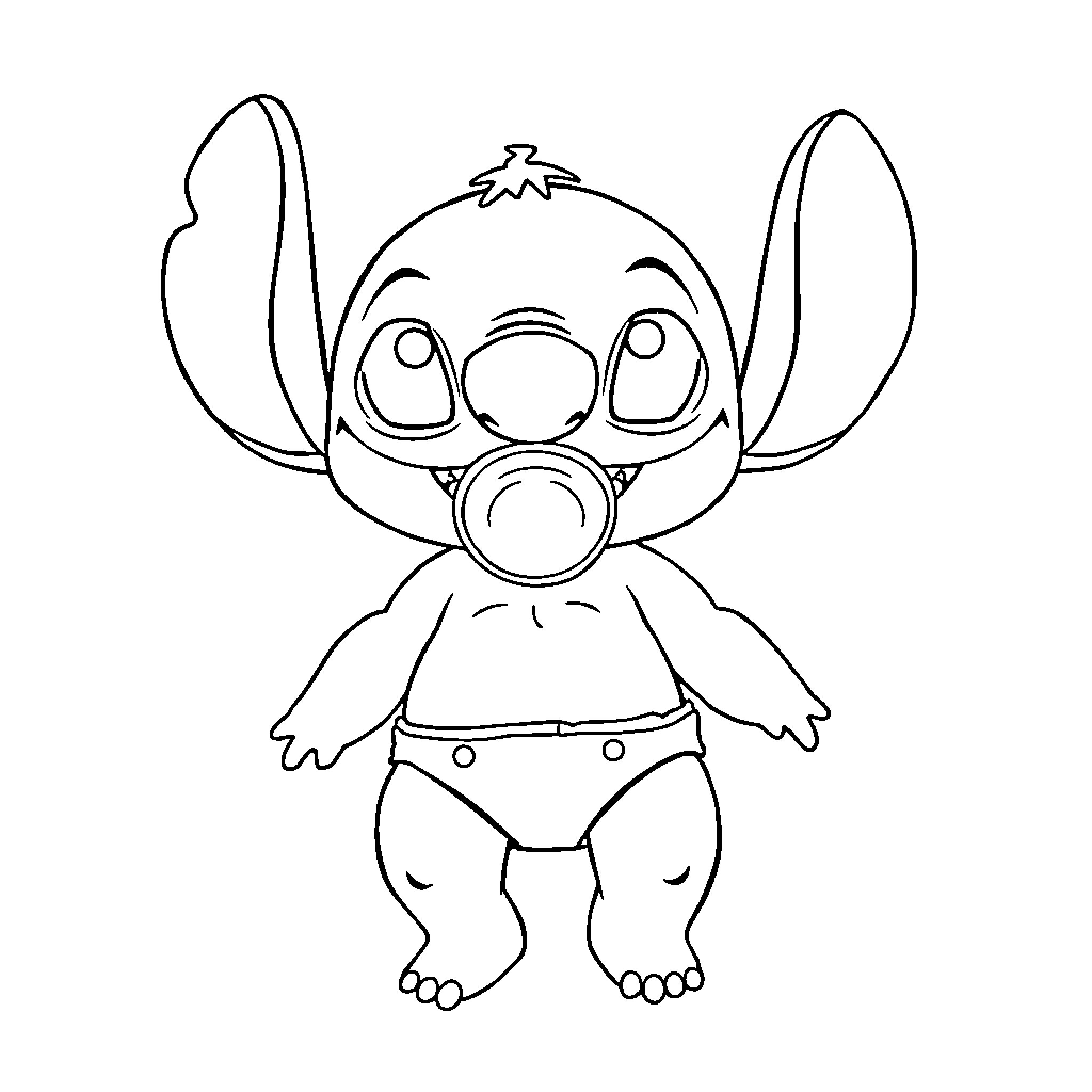 Stitch character in playful pose Coloring Page (free black-and-white line drawing printable PDF for all, from beginners to advanced learners, including children, teens, adults, and seniors)