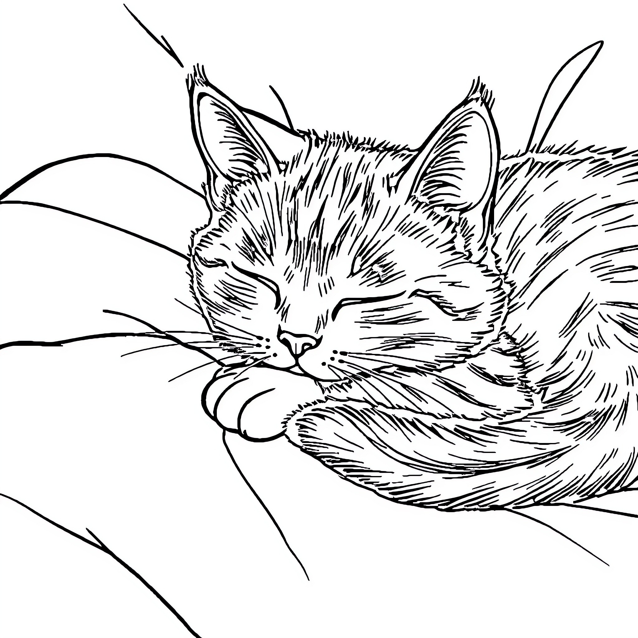 Cat resting peacefully in the wild Coloring Page (free black-and-white line drawing printable PDF for all, from beginners to advanced learners, including children, teens, adults, and seniors)