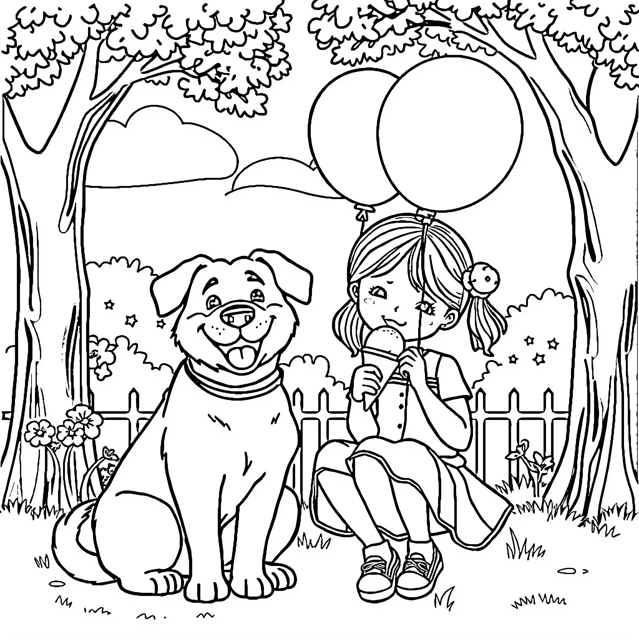 Dog and Girl Playing in the Park Coloring Page (free black-and-white line drawing printable PDF for all, from beginners to advanced learners, including children, teens, adults, and seniors)
