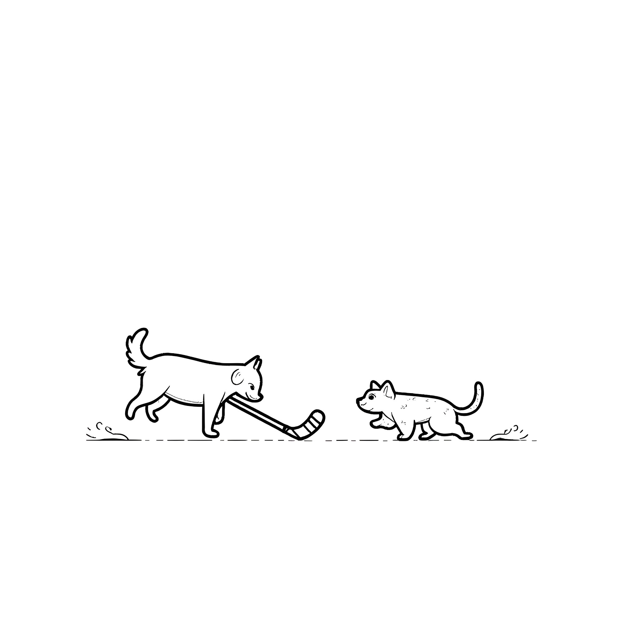 Dog playing with toy in front of kitten Coloring Page (free black-and-white line drawing printable PDF for all, from beginners to advanced learners, including children, teens, adults, and seniors)