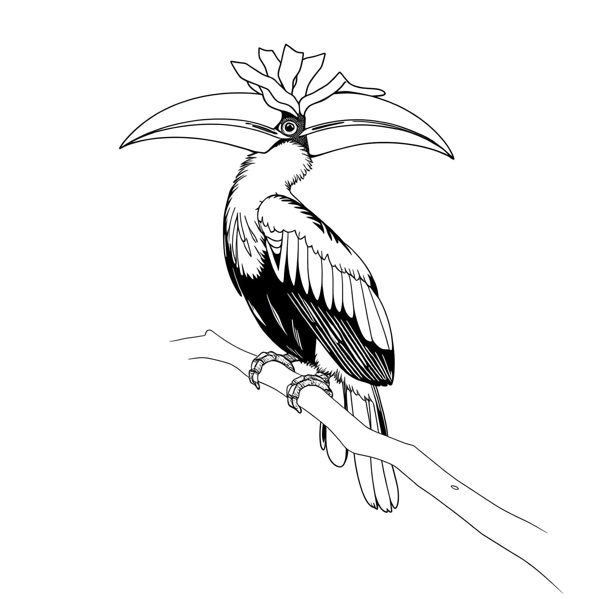Hornbill perched on a branch Coloring Page (free black-and-white line drawing printable PDF for all, from beginners to advanced learners, including children, teens, adults, and seniors)