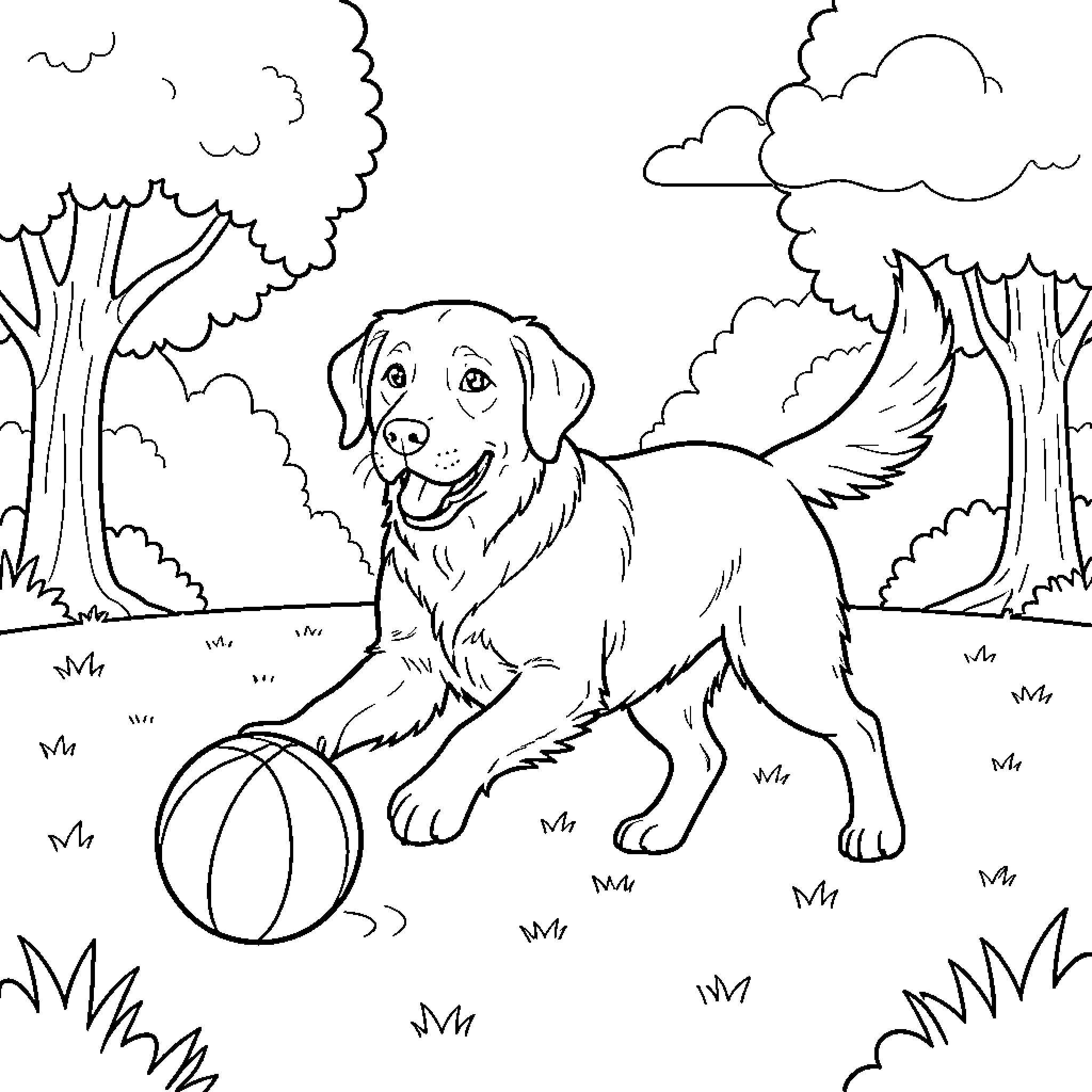 Labrador Retriever playing with a ball in the park Coloring Page (free black-and-white line drawing printable PDF for all, from beginners to advanced learners, including children, teens, adults, and seniors)