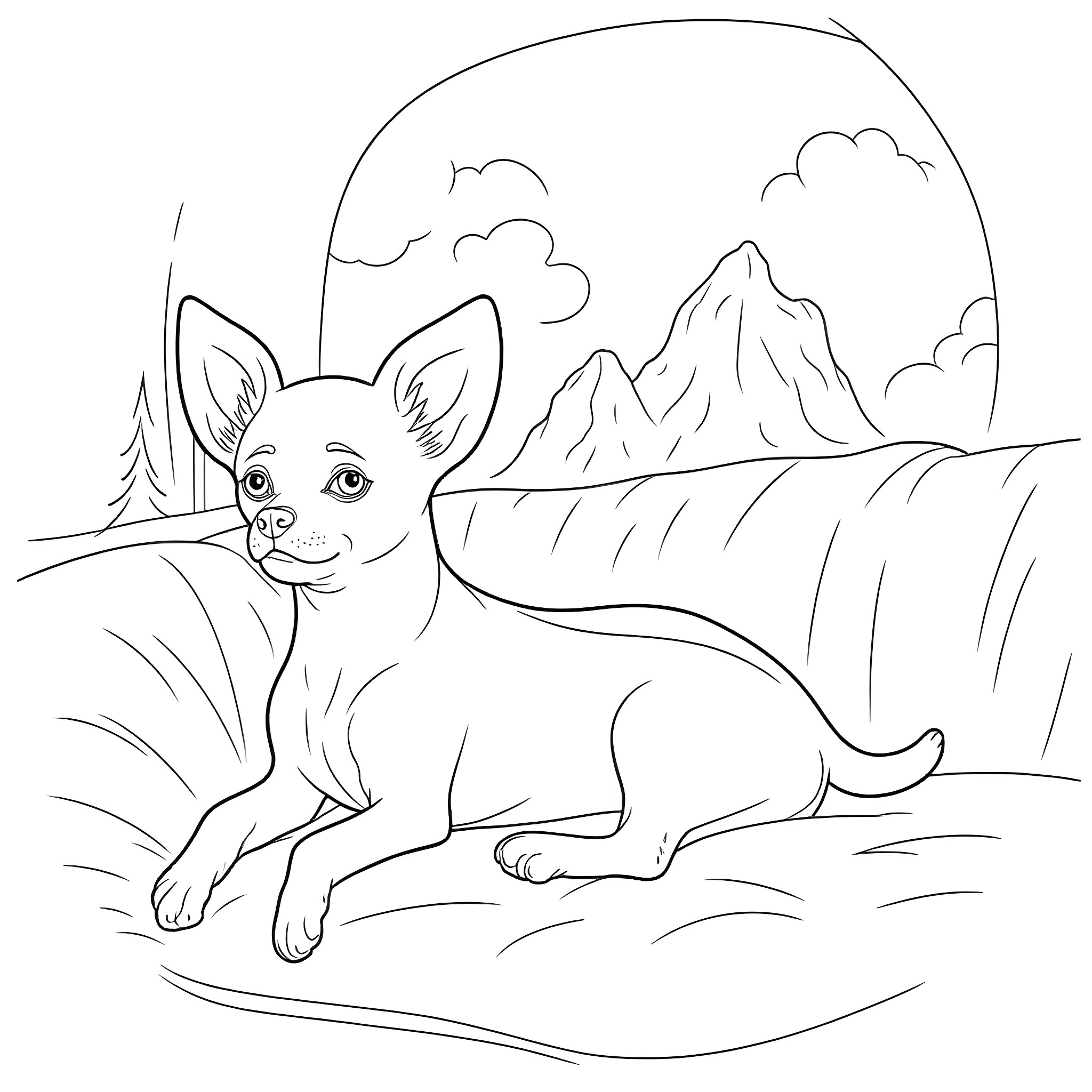 Chihuahua exploring the mountainous landscape Coloring Page (free black-and-white line drawing printable PDF for all, from beginners to advanced learners, including children, teens, adults, and seniors)