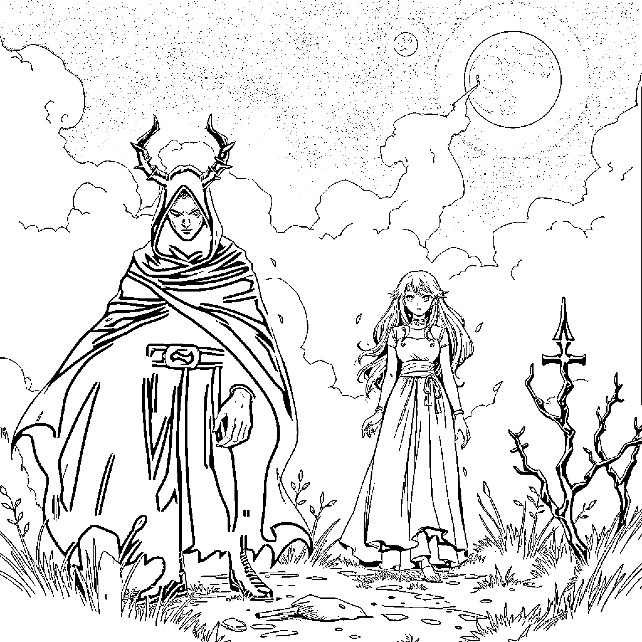 Manga depicts fantastical characters in mystical landscape Coloring Page (free black-and-white line drawing printable PDF for all, from beginners to advanced learners, including children, teens, adults, and seniors)
