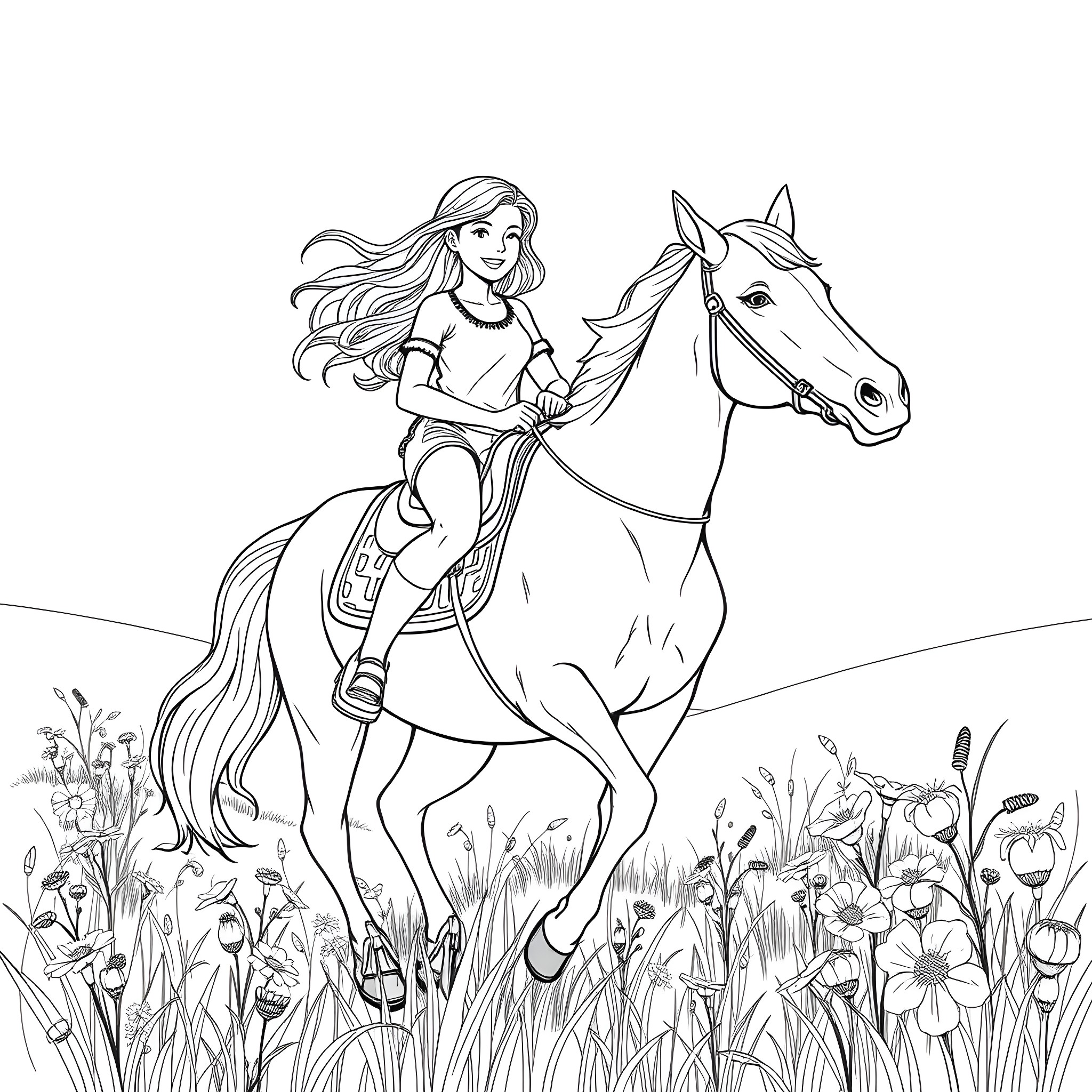 Girl riding a horse through a meadow Coloring Page (free black-and-white line drawing printable PDF for all, from beginners to advanced learners, including children, teens, adults, and seniors)