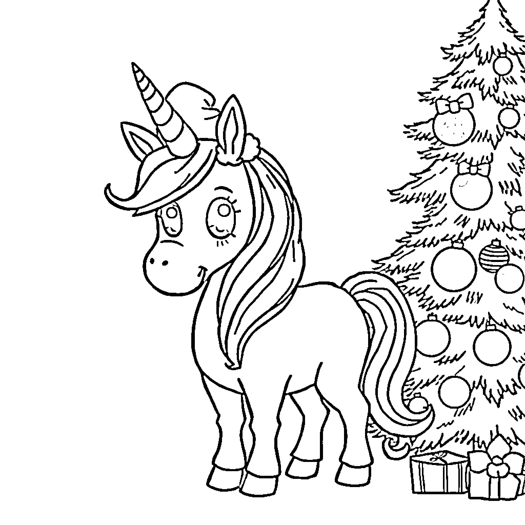 Unicorn standing beside a Christmas tree Coloring Page (free black-and-white line drawing printable PDF for all, from beginners to advanced learners, including children, teens, adults, and seniors)