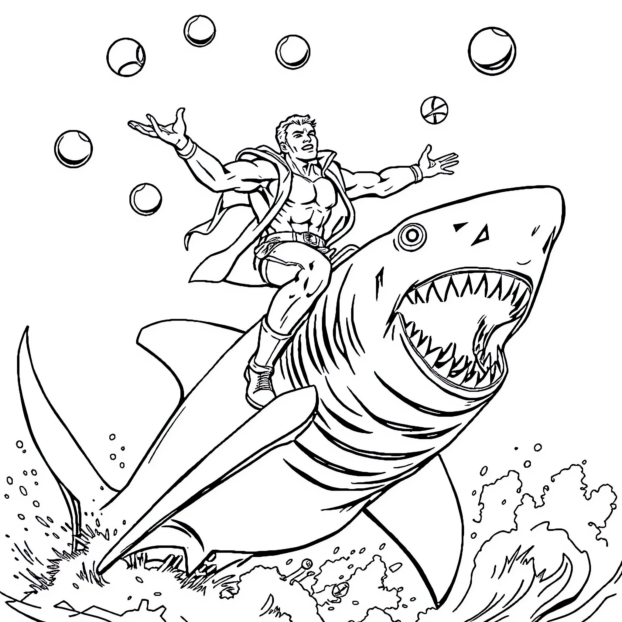 He-Man riding a fierce shark in the ocean Coloring Page (free black-and-white line drawing printable PDF for all, from beginners to advanced learners, including children, teens, adults, and seniors)