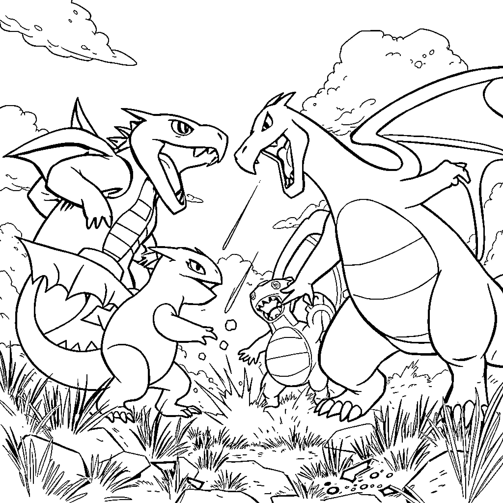 Geodude's Draconic Encounter in the Wild Coloring Page (free black-and-white line drawing printable PDF for all, from beginners to advanced learners, including children, teens, adults, and seniors)