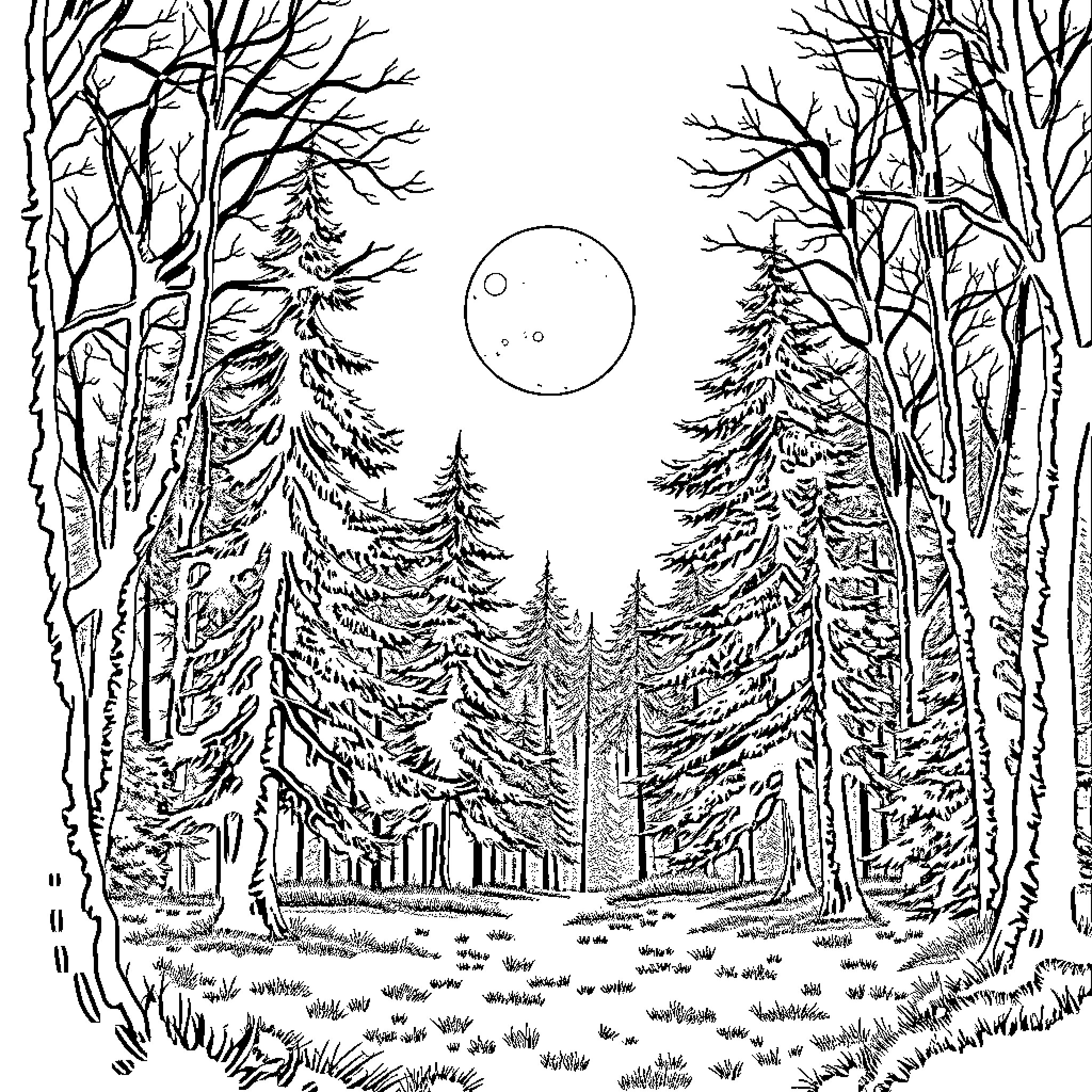 Moon shining over the snowy forest Coloring Page (free black-and-white line drawing printable PDF for all, from beginners to advanced learners, including children, teens, adults, and seniors)