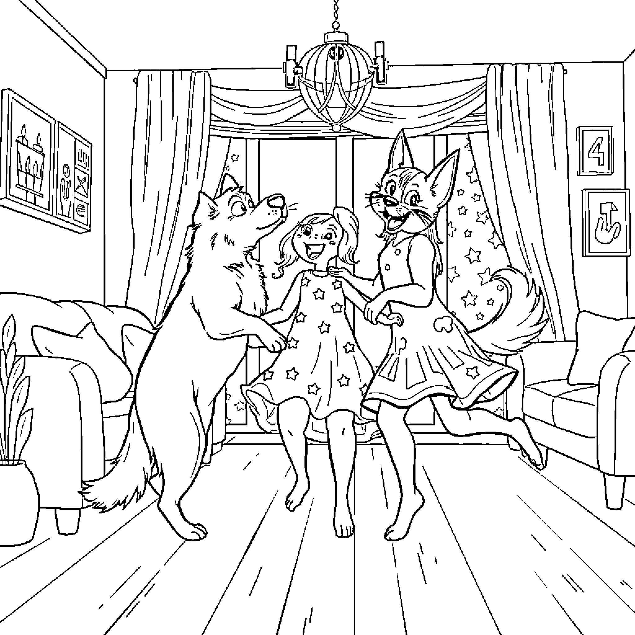 Dancer performs with magical animal companions Coloring Page (free black-and-white line drawing printable PDF for all, from beginners to advanced learners, including children, teens, adults, and seniors)