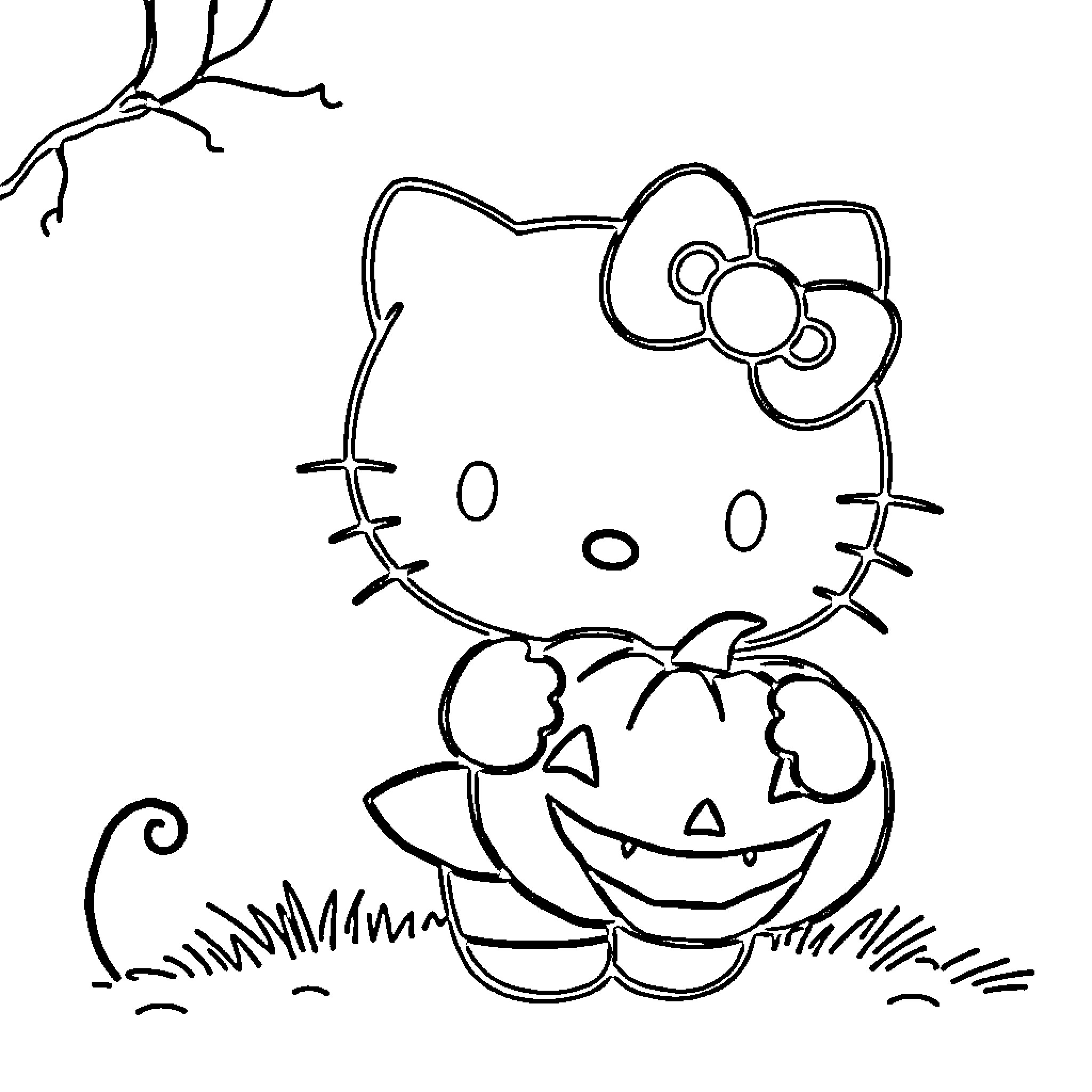 Hello Kitty celebrates Halloween with Jack-o-lantern Coloring Page (free black-and-white line drawing printable PDF for all, from beginners to advanced learners, including children, teens, adults, and seniors)