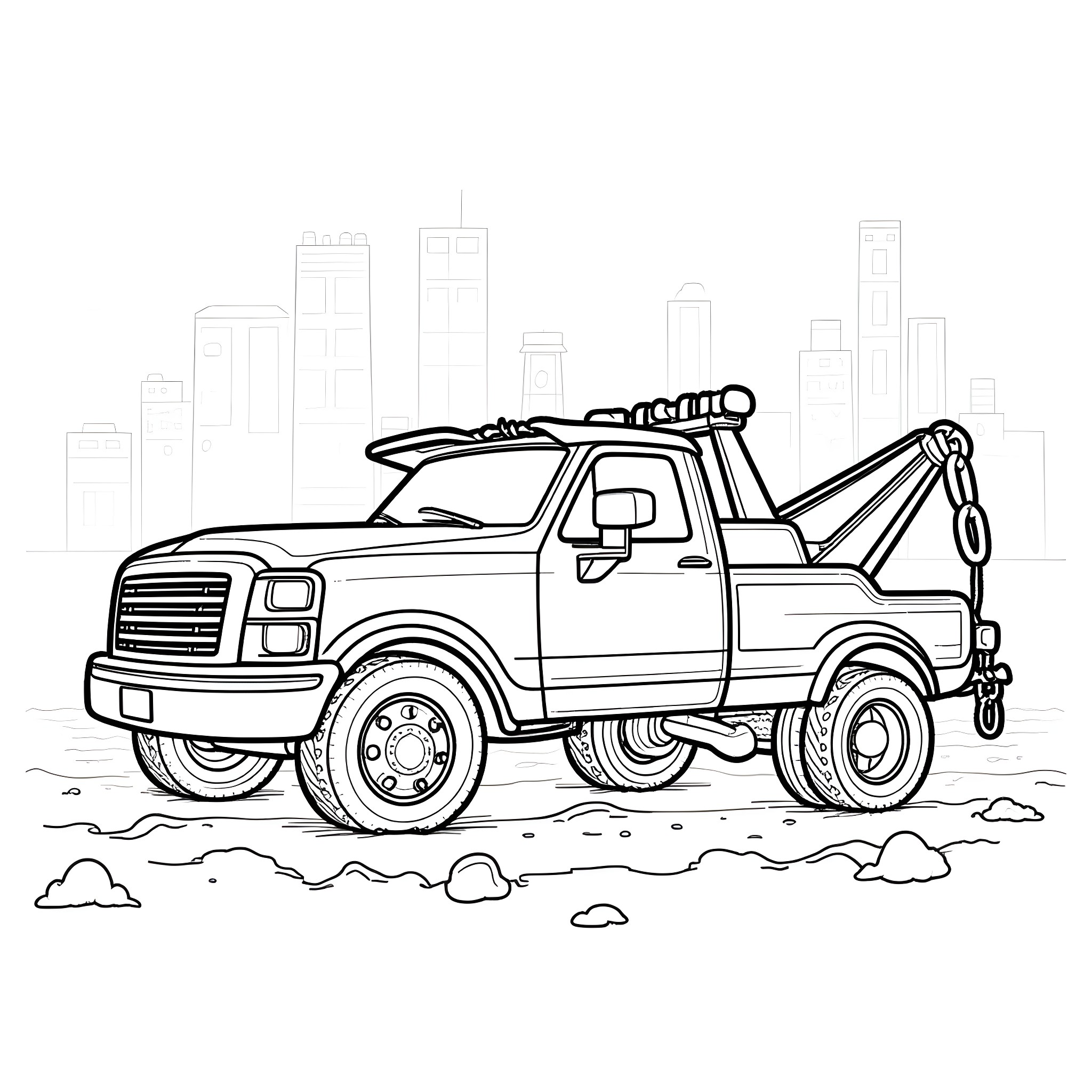 Wrecker Truck towing a vehicle in a cityscape Coloring Page (free black-and-white line drawing printable PDF for all, from beginners to advanced learners, including children, teens, adults, and seniors)
