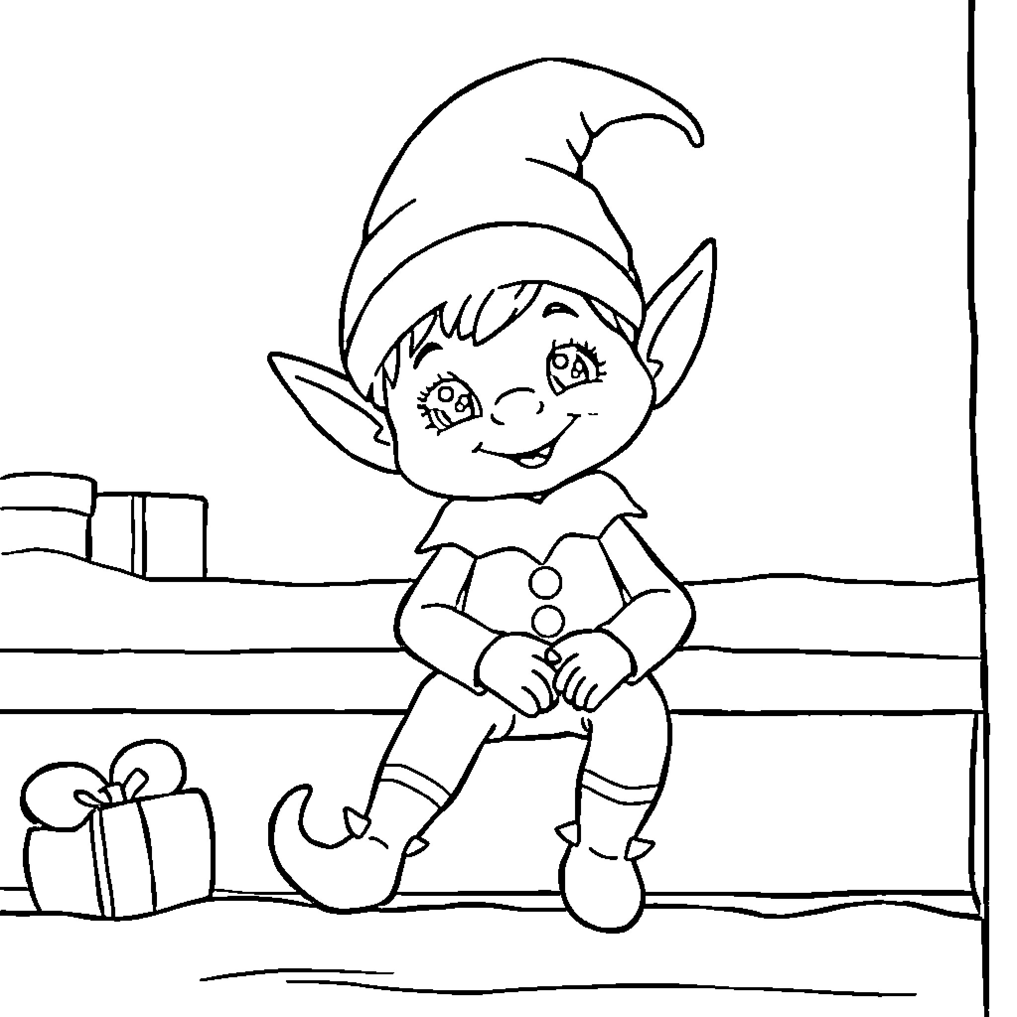 Elf preparing for gift-giving in the winter scene Coloring Page (free black-and-white line drawing printable PDF for all, from beginners to advanced learners, including children, teens, adults, and seniors)