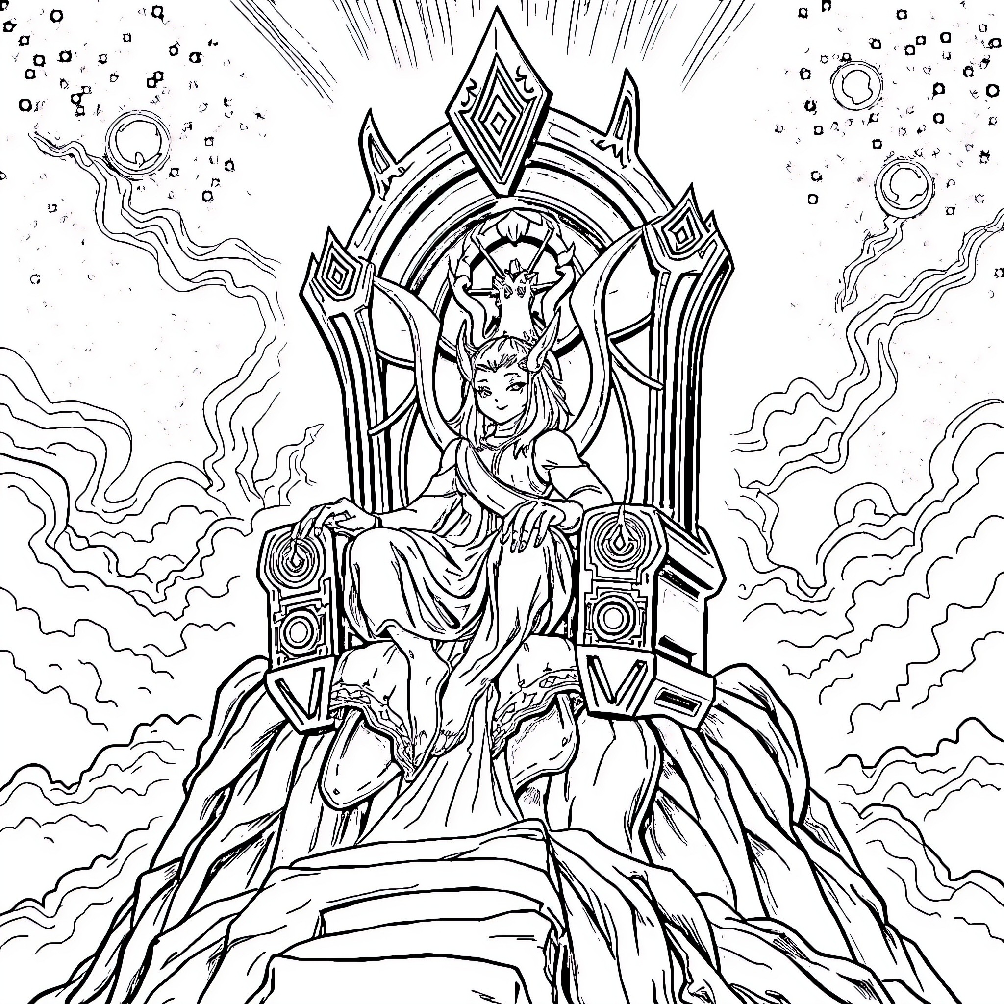 Rimuru Sitting on a Majestic Throne Coloring Page (free black-and-white line drawing printable PDF for all, from beginners to advanced learners, including children, teens, adults, and seniors)