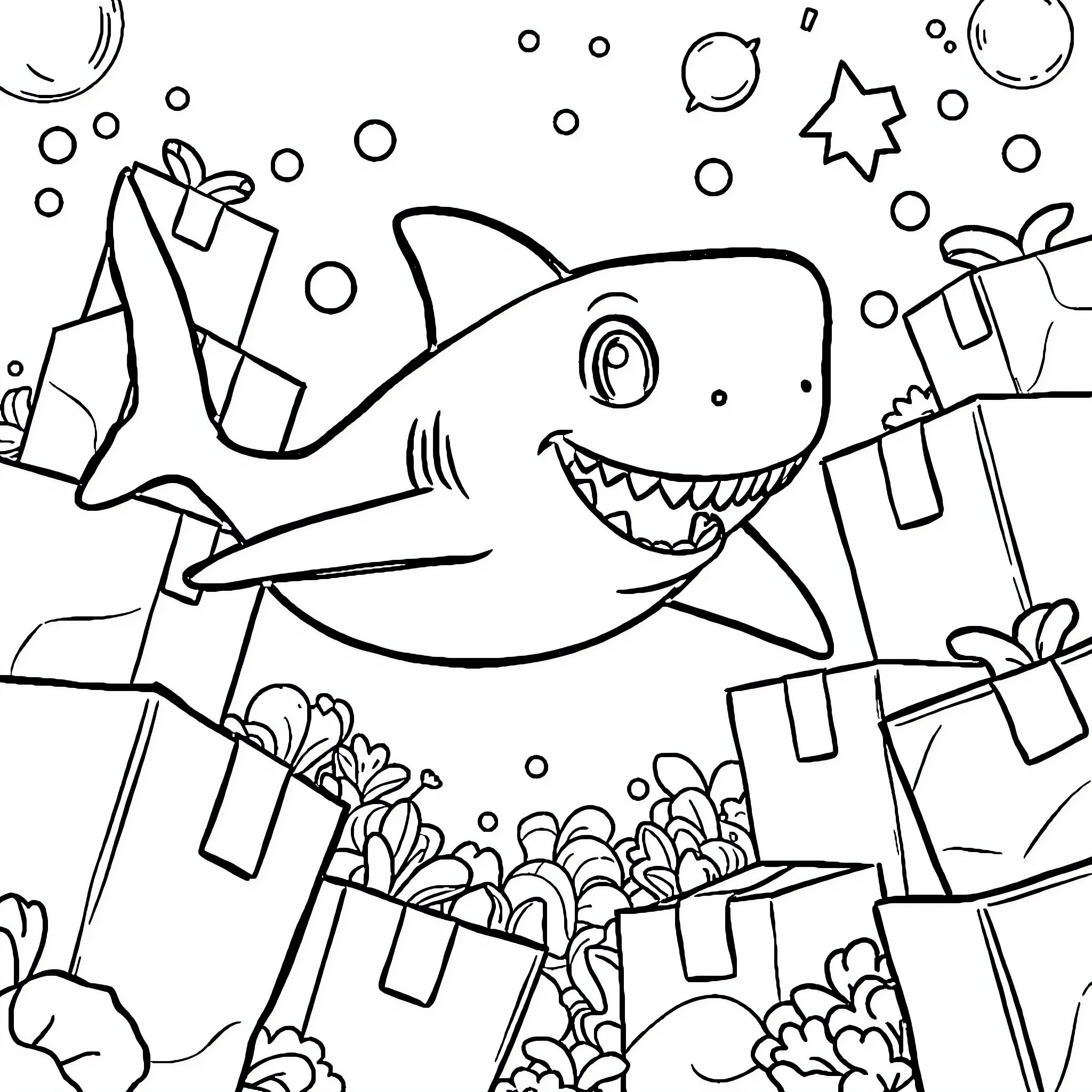 Baby Shark swimming with gifts Coloring Page (free black-and-white line drawing printable PDF for all, from beginners to advanced learners, including children, teens, adults, and seniors)
