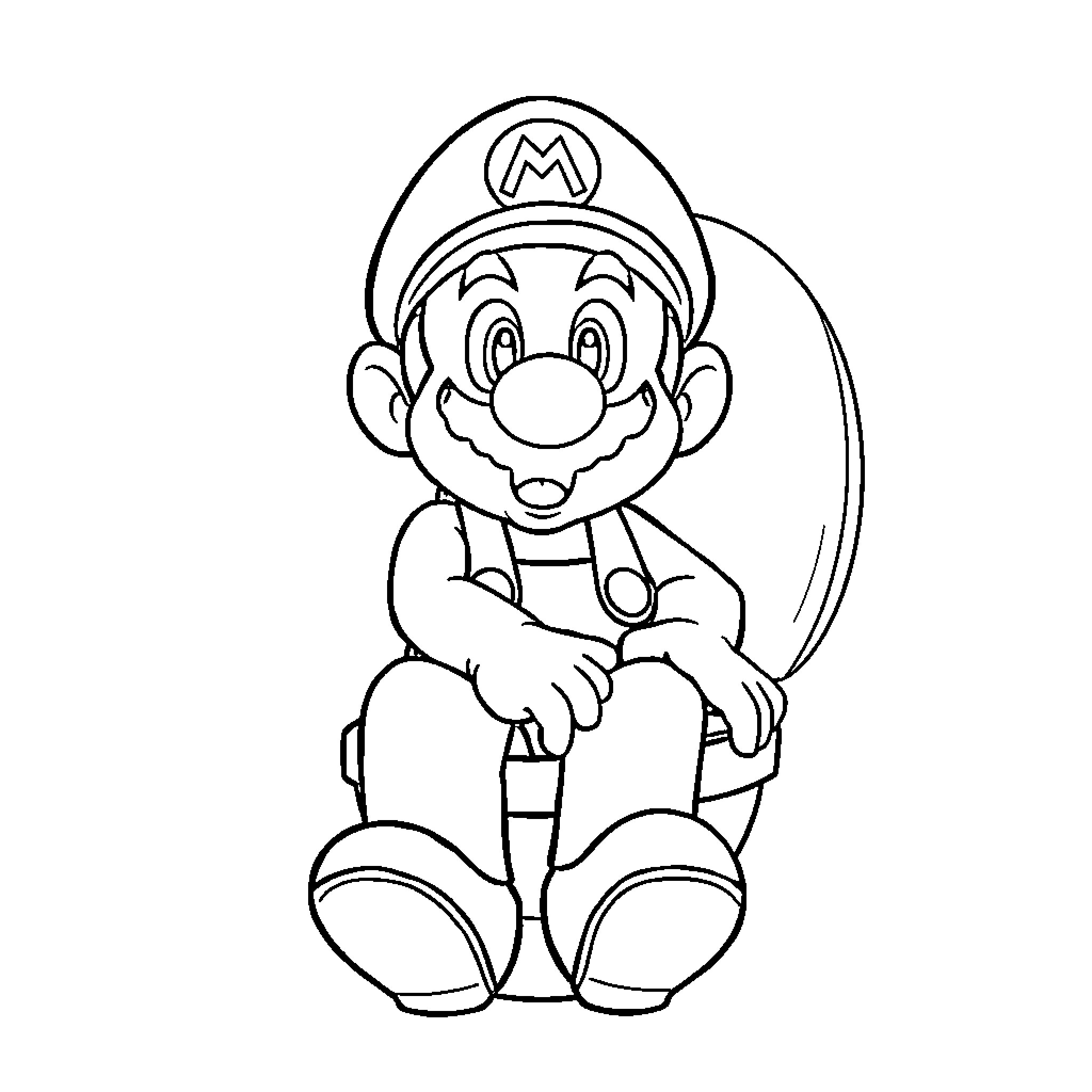 Mario Cheerful and Playful in Overalls Coloring Page (free black-and-white line drawing printable PDF for all, from beginners to advanced learners, including children, teens, adults, and seniors)