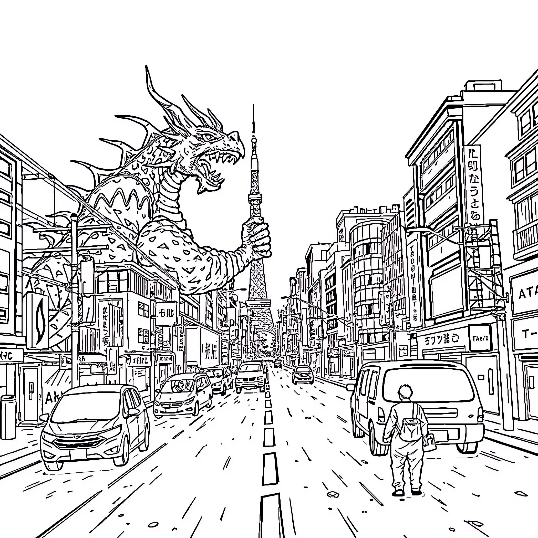 Ryomen Sukuna battles in the bustling city streets Coloring Page (free black-and-white line drawing printable PDF for all, from beginners to advanced learners, including children, teens, adults, and seniors)