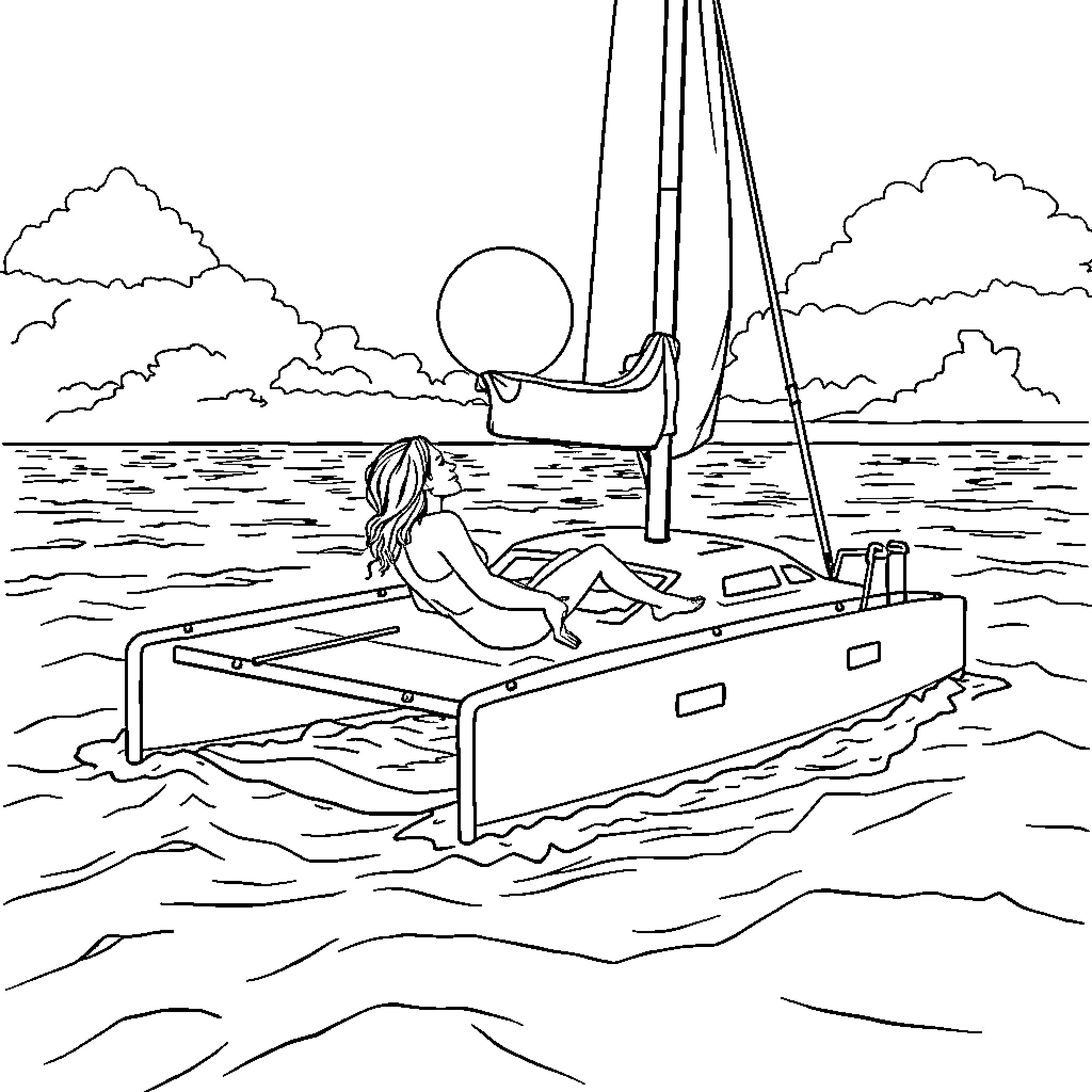 Wife relaxing on a sailboat at sea Coloring Page (free black-and-white line drawing printable PDF for all, from beginners to advanced learners, including children, teens, adults, and seniors)