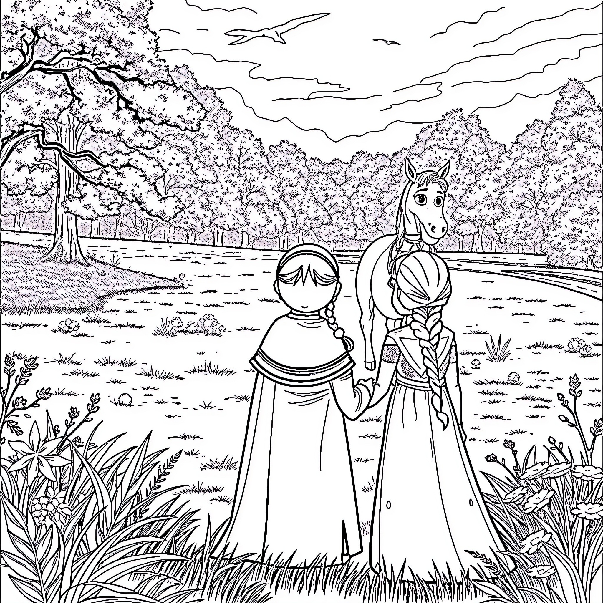 Horse-drawn carriage in a flowering garden Coloring Page (free black-and-white line drawing printable PDF for all, from beginners to advanced learners, including children, teens, adults, and seniors)