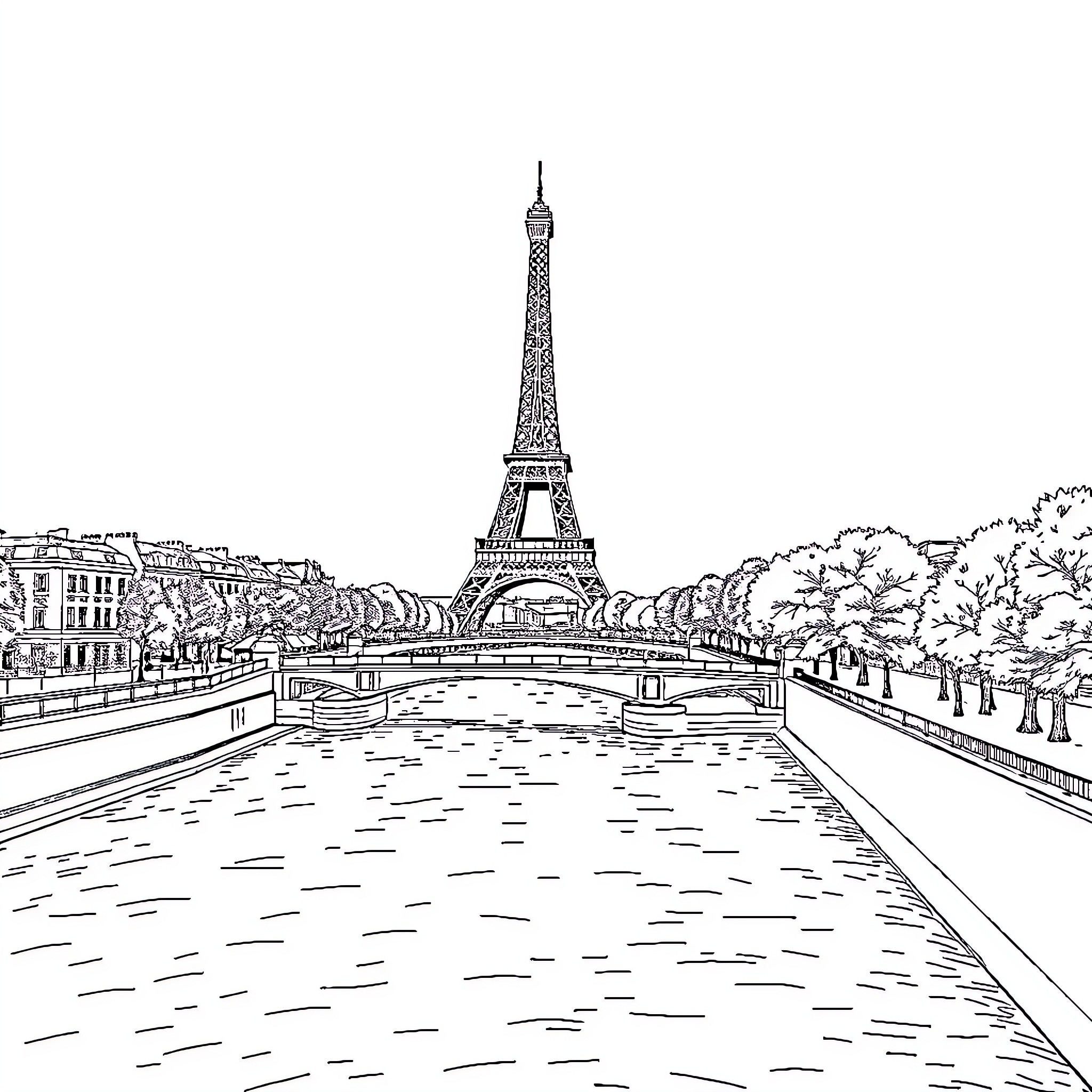Eiffel Tower and Parisian scenery Coloring Page (free black-and-white line drawing printable PDF for all, from beginners to advanced learners, including children, teens, adults, and seniors)