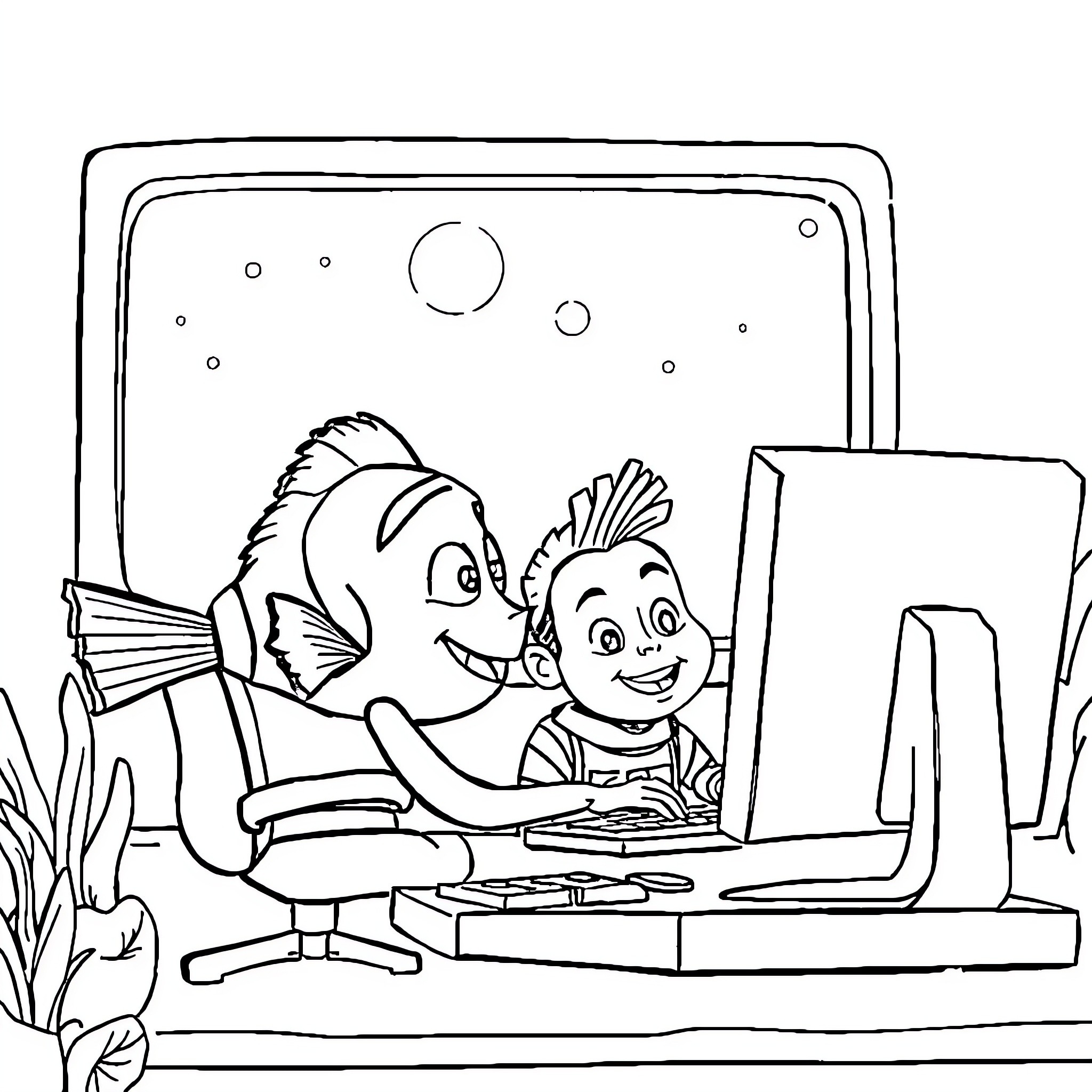 Nemo and friend exploring a digital world Coloring Page (free black-and-white line drawing printable PDF for all, from beginners to advanced learners, including children, teens, adults, and seniors)
