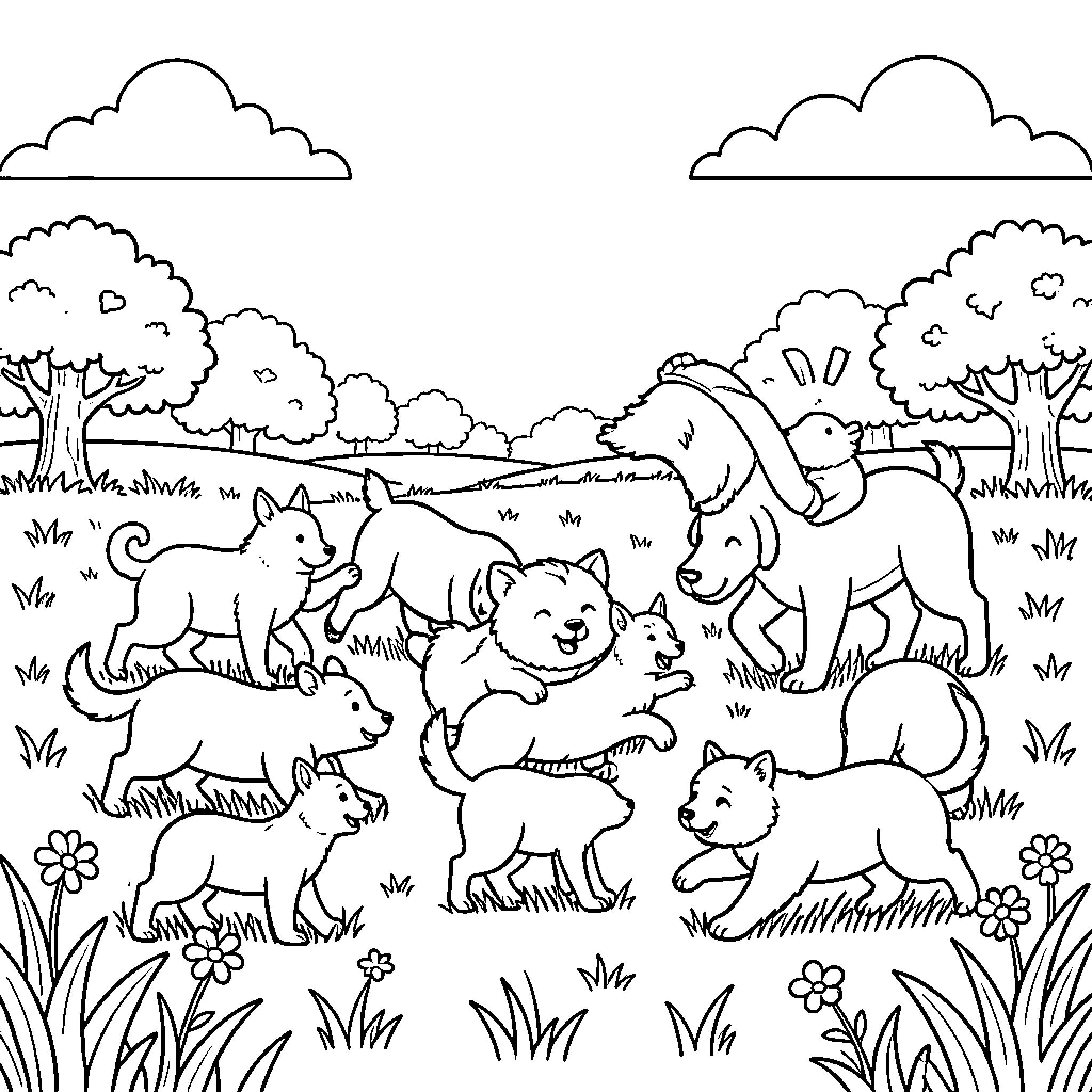Animal playing and frolicking in the forest landscape Coloring Page (free black-and-white line drawing printable PDF for all, from beginners to advanced learners, including children, teens, adults, and seniors)
