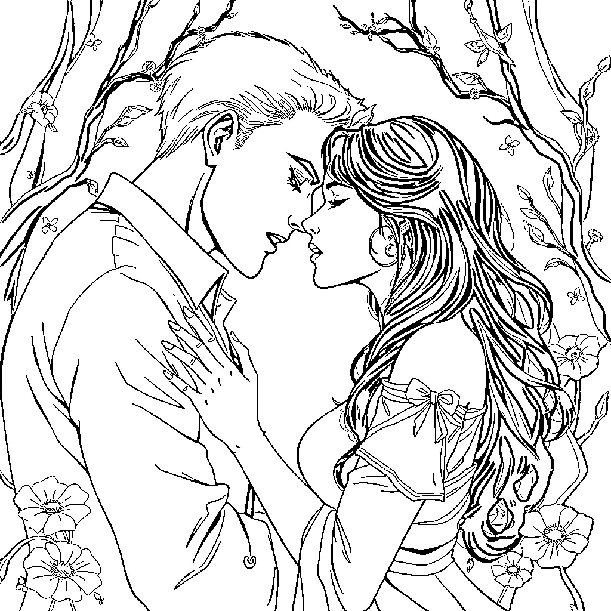 Romance in the Enchanted Forest Coloring Page (free black-and-white line drawing printable PDF for all, from beginners to advanced learners, including children, teens, adults, and seniors)