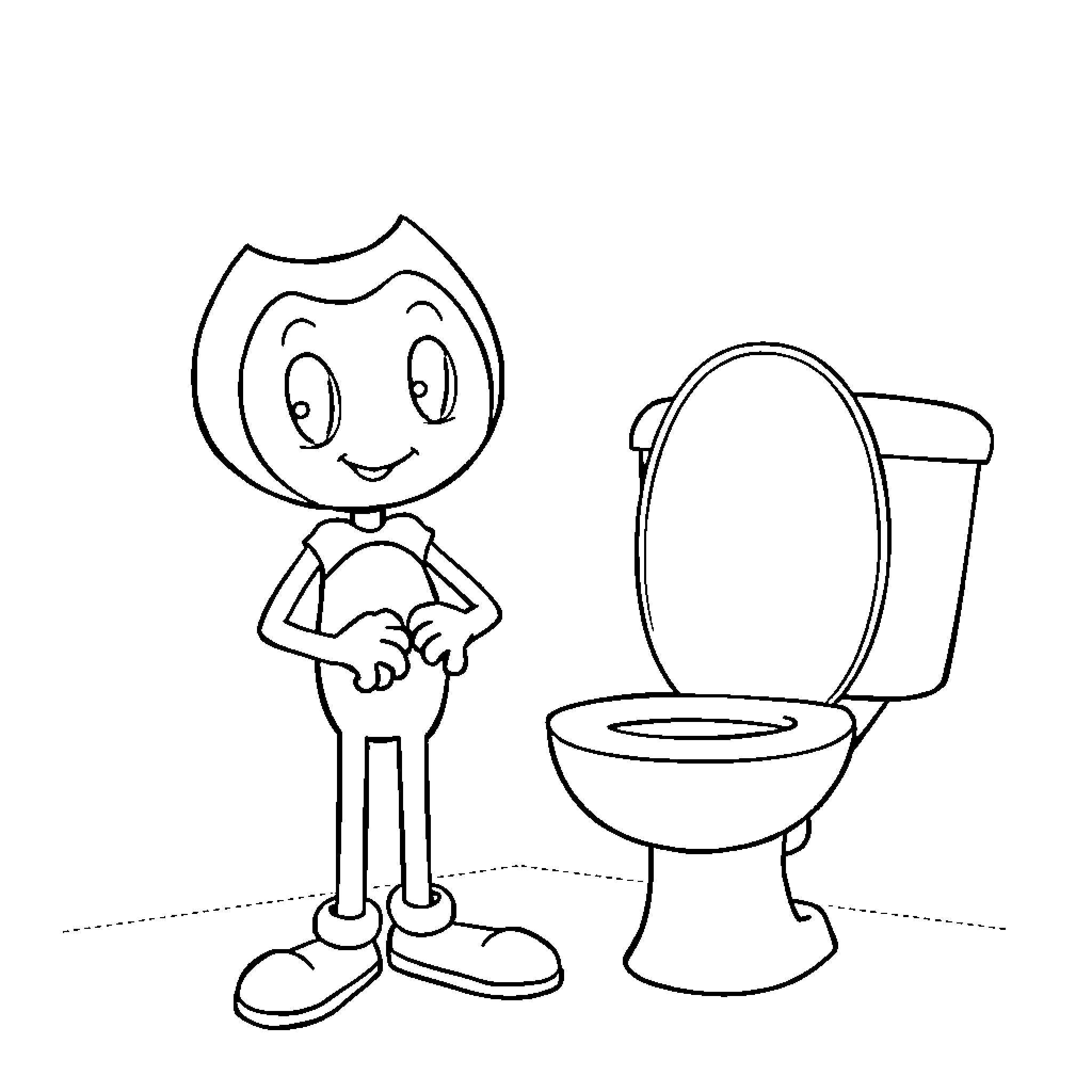 Bendy character standing by a toilet Coloring Page (free black-and-white line drawing printable PDF for all, from beginners to advanced learners, including children, teens, adults, and seniors)