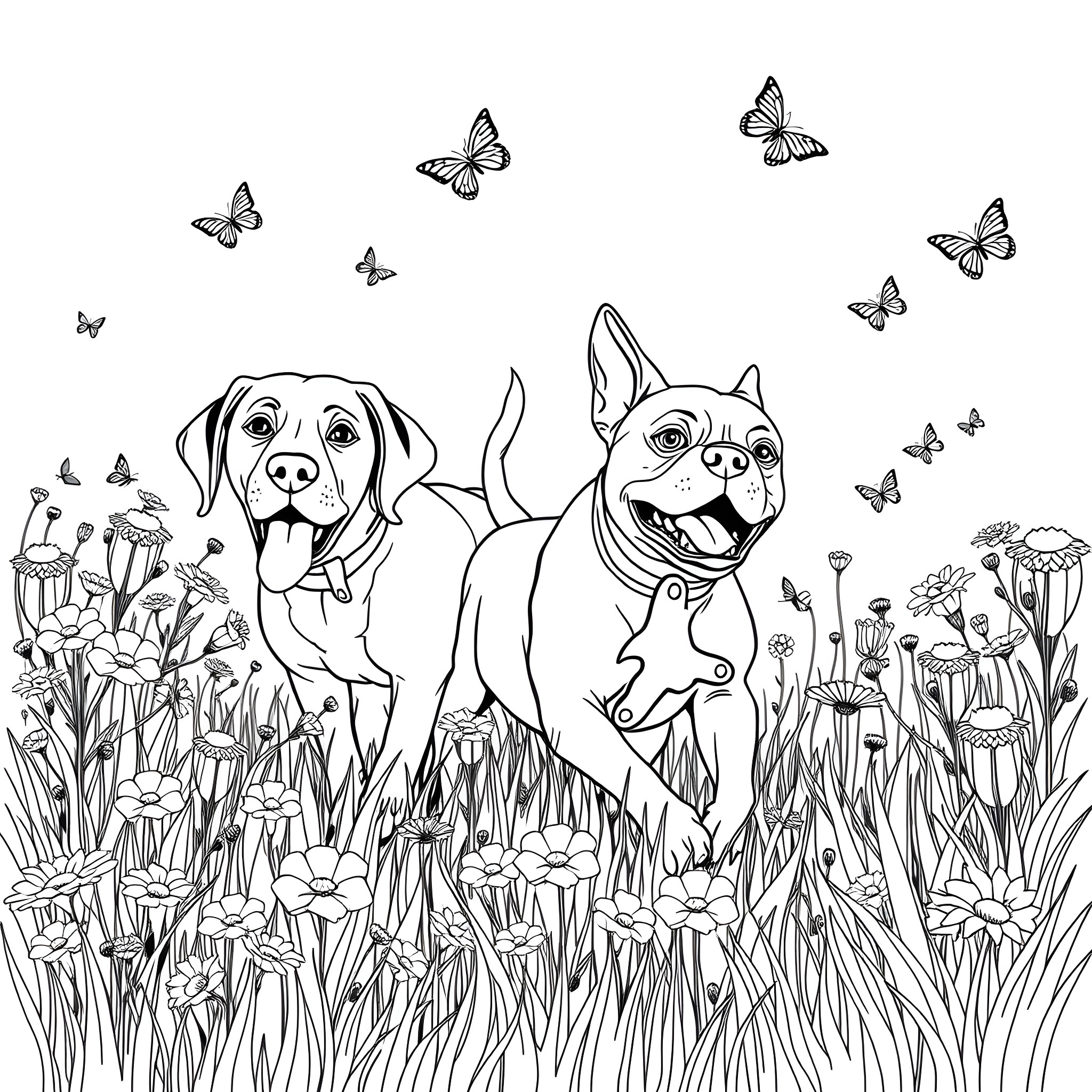 Dogs playing happily in a field of flowers Coloring Page (free black-and-white line drawing printable PDF for all, from beginners to advanced learners, including children, teens, adults, and seniors)