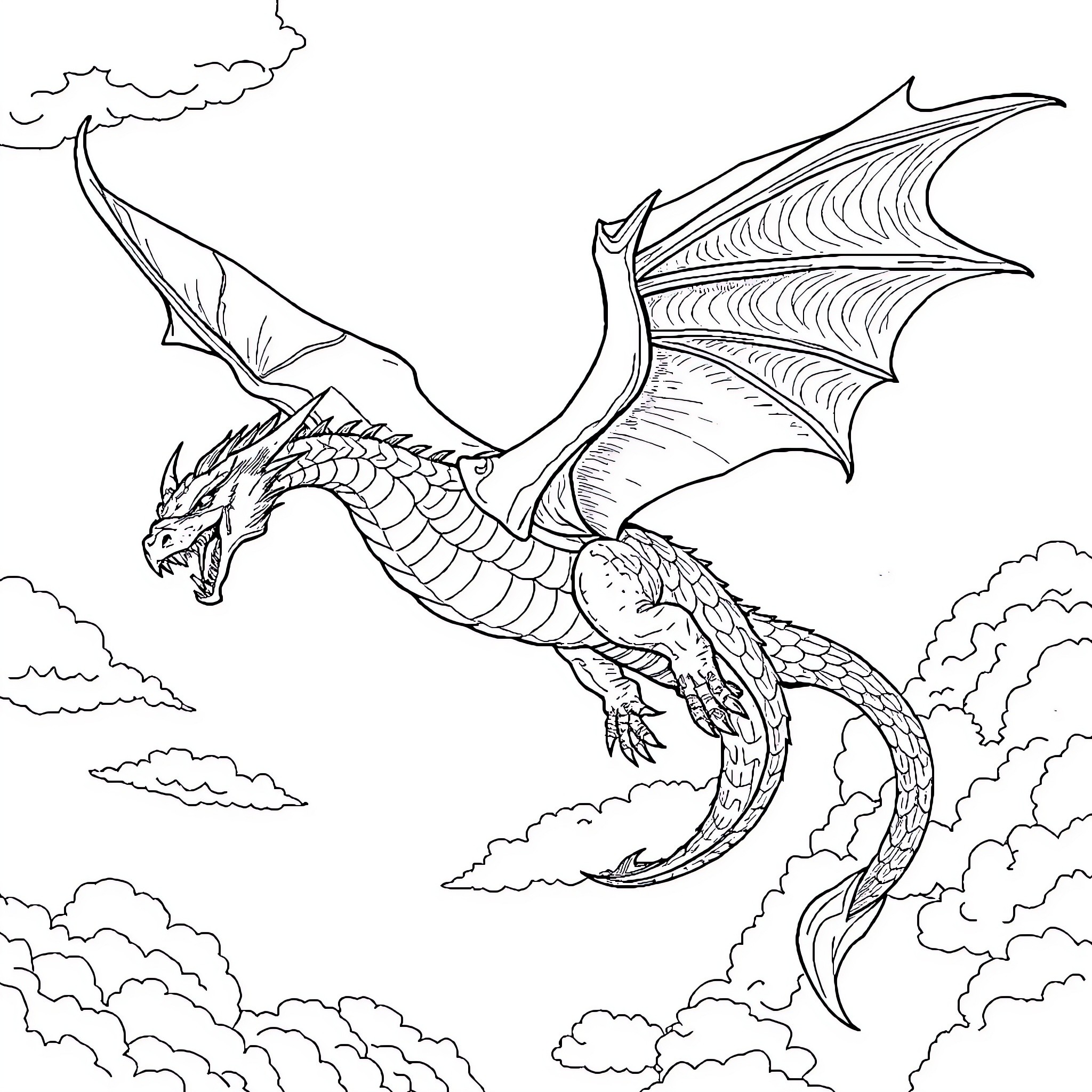 Dragon soaring majestically through cloudy skies Coloring Page (free black-and-white line drawing printable PDF for all, from beginners to advanced learners, including children, teens, adults, and seniors)