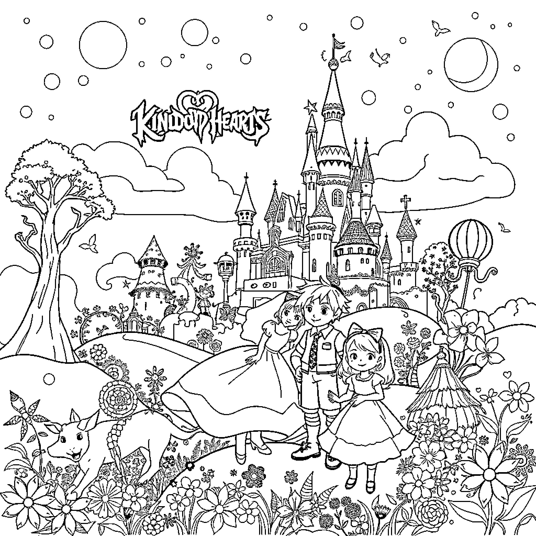 Kingdom Hearts: Adventure in a Magical Realm Coloring Page (free black-and-white line drawing printable PDF for all, from beginners to advanced learners, including children, teens, adults, and seniors)