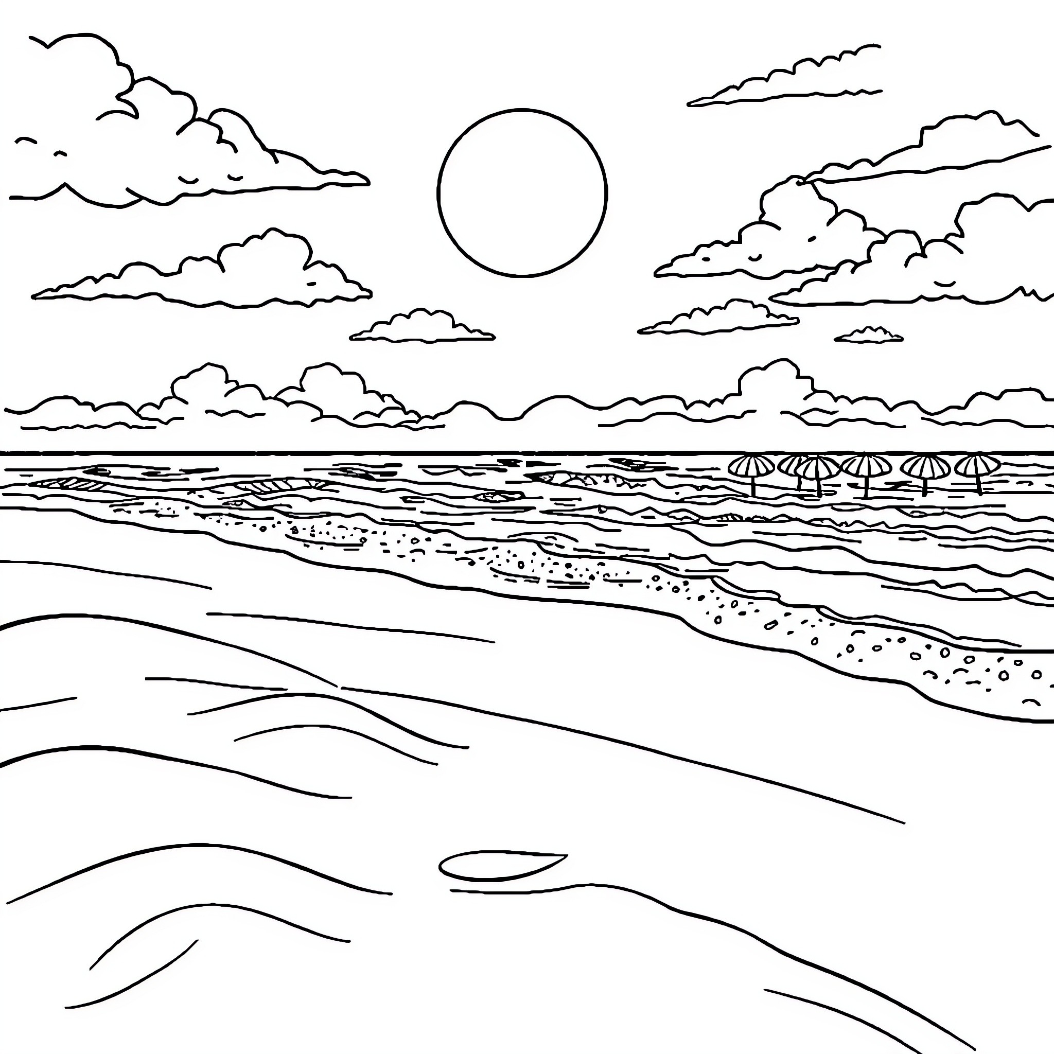Beach scene with clouds and sun Coloring Page (free black-and-white line drawing printable PDF for all, from beginners to advanced learners, including children, teens, adults, and seniors)