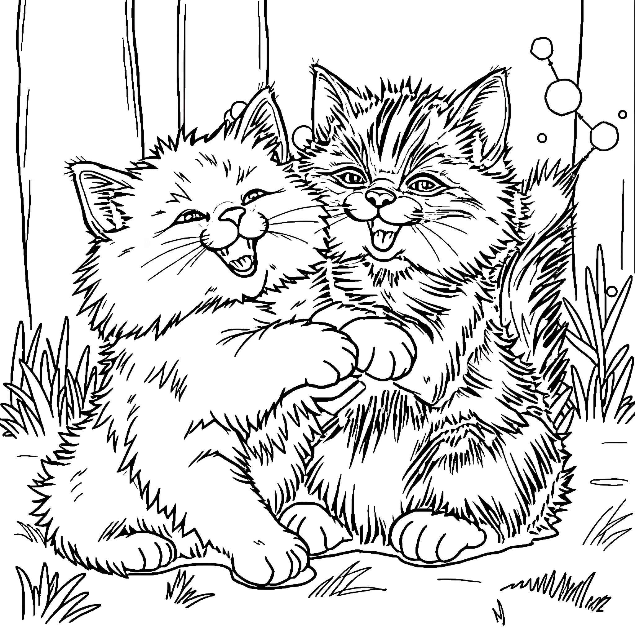 Cat companions in the outdoors Coloring Page (free black-and-white line drawing printable PDF for all, from beginners to advanced learners, including children, teens, adults, and seniors)