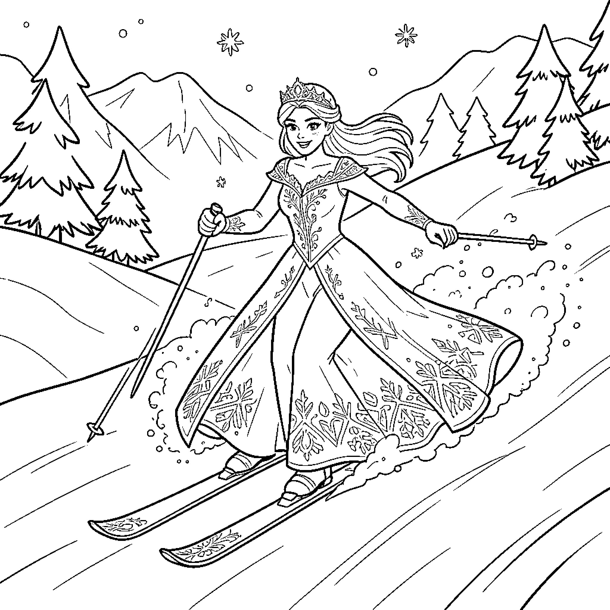 Queen skiing gracefully through a snowy mountain landscape Coloring Page (free black-and-white line drawing printable PDF for all, from beginners to advanced learners, including children, teens, adults, and seniors)