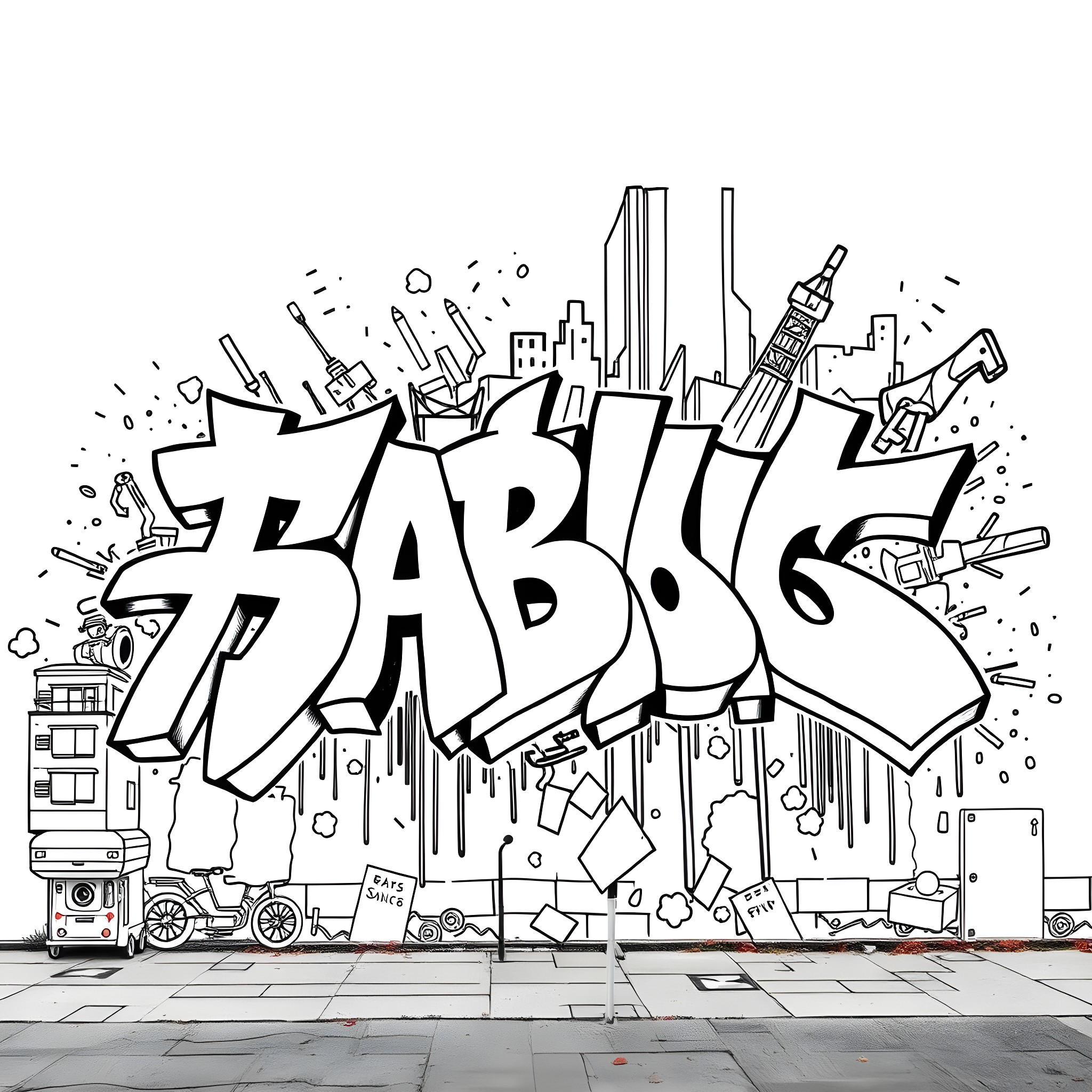 Graffiti art depicting urban cityscape and objects Coloring Page (free black-and-white line drawing printable PDF for all, from beginners to advanced learners, including children, teens, adults, and seniors)