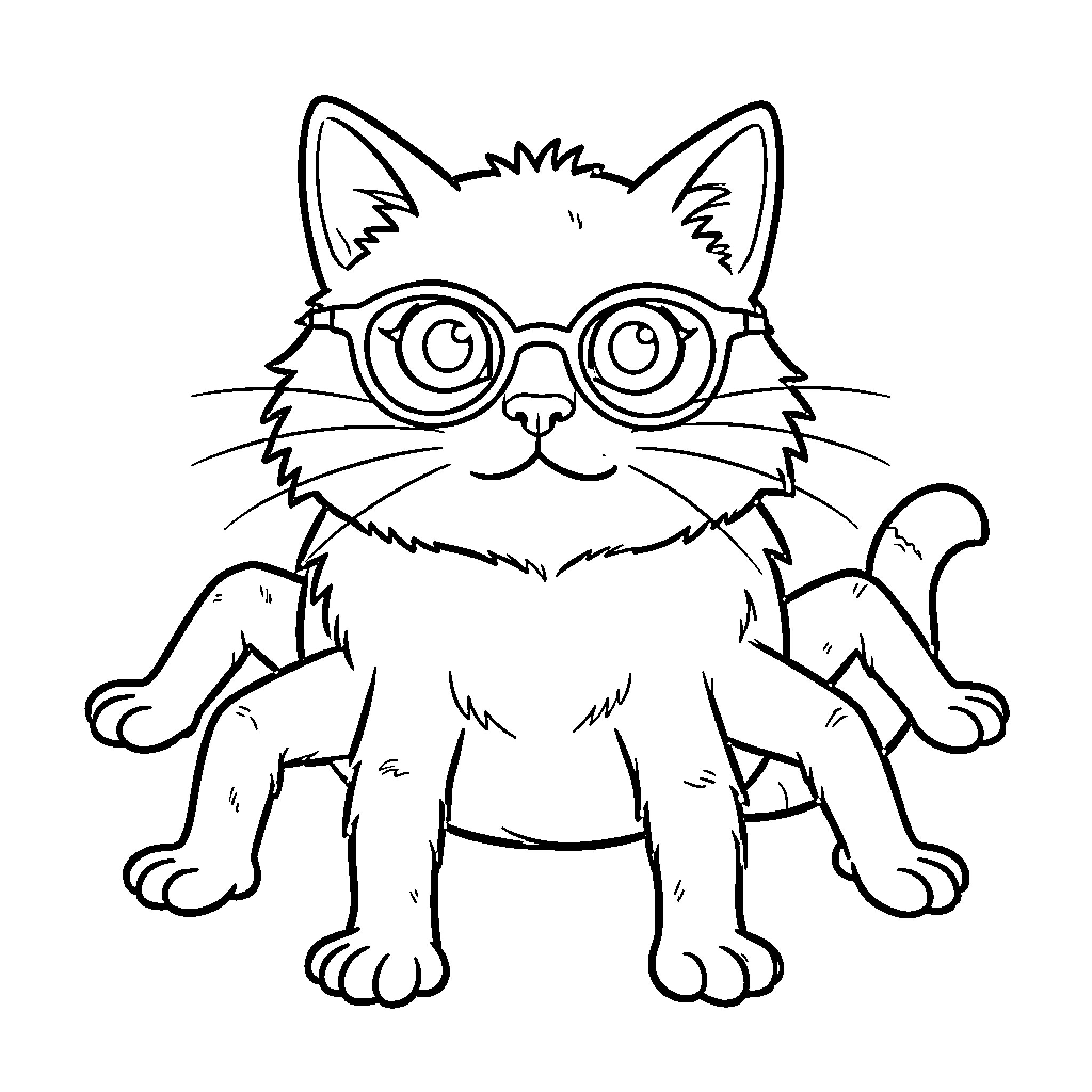 Cat wearing glasses and sitting calmly Coloring Page (free black-and-white line drawing printable PDF for all, from beginners to advanced learners, including children, teens, adults, and seniors)