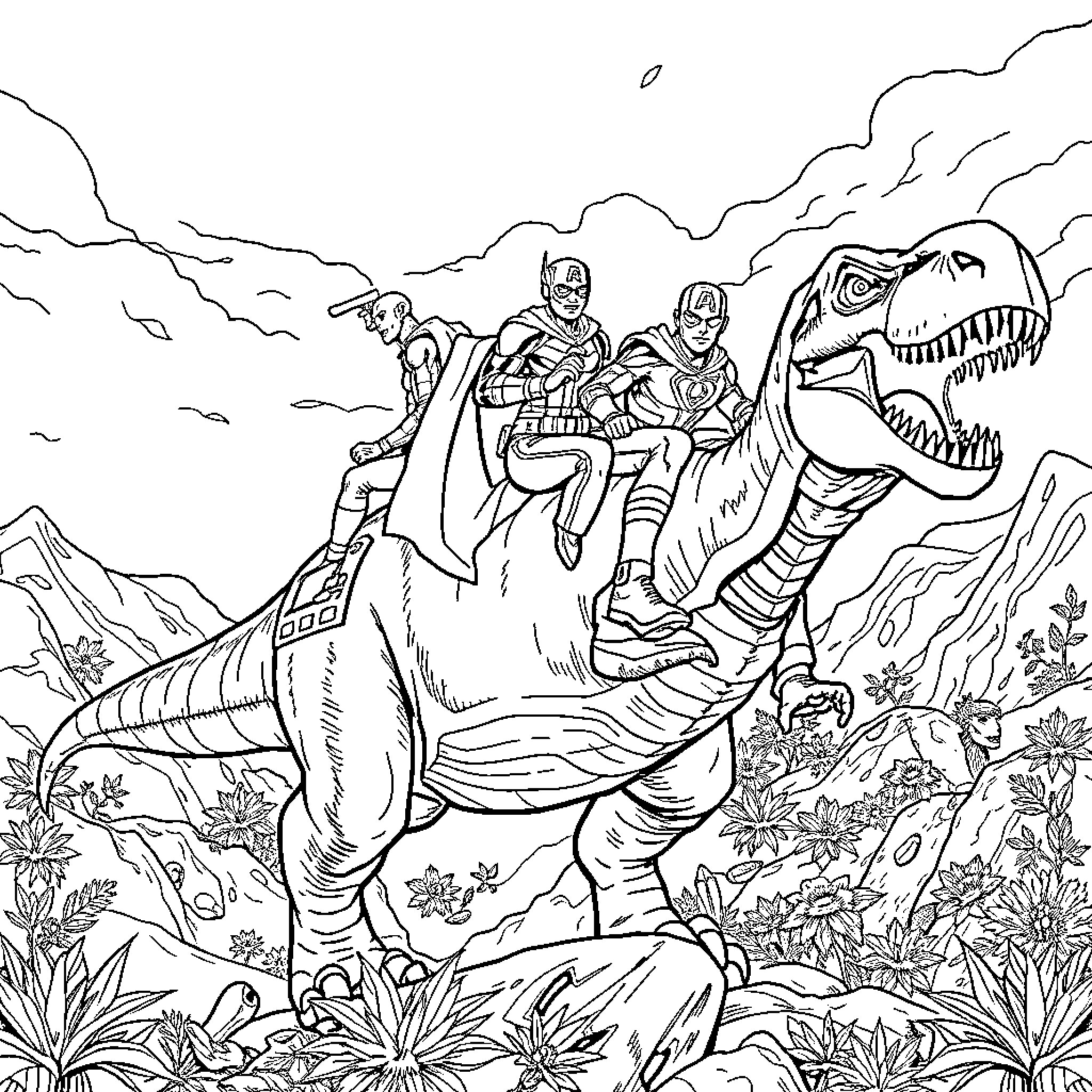 Avenger heroes riding fearsome dinosaur in the wilderness Coloring Page (free black-and-white line drawing printable PDF for all, from beginners to advanced learners, including children, teens, adults, and seniors)
