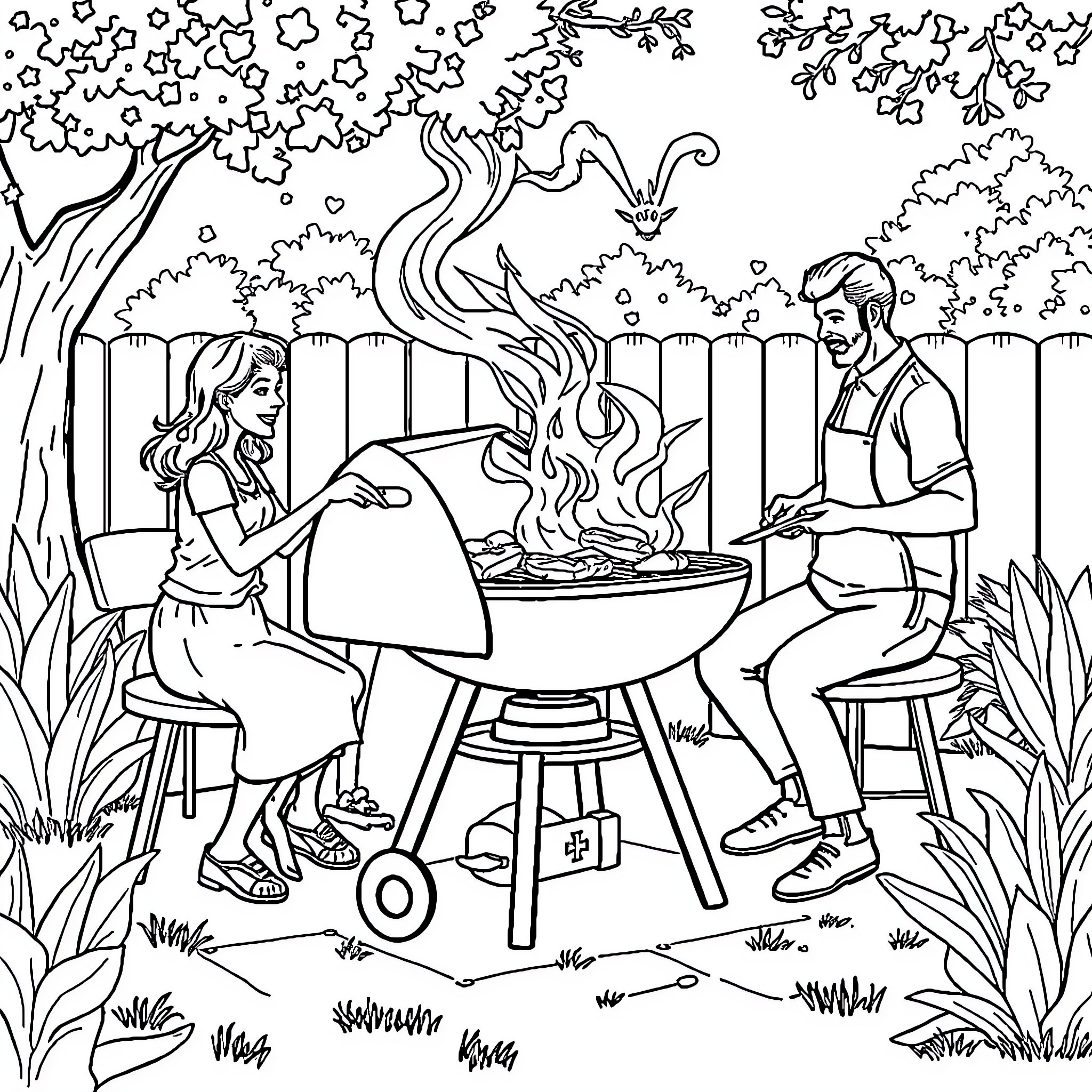 Family Enjoying a Backyard Barbecue Together Coloring Page (free black-and-white line drawing printable PDF for all, from beginners to advanced learners, including children, teens, adults, and seniors)