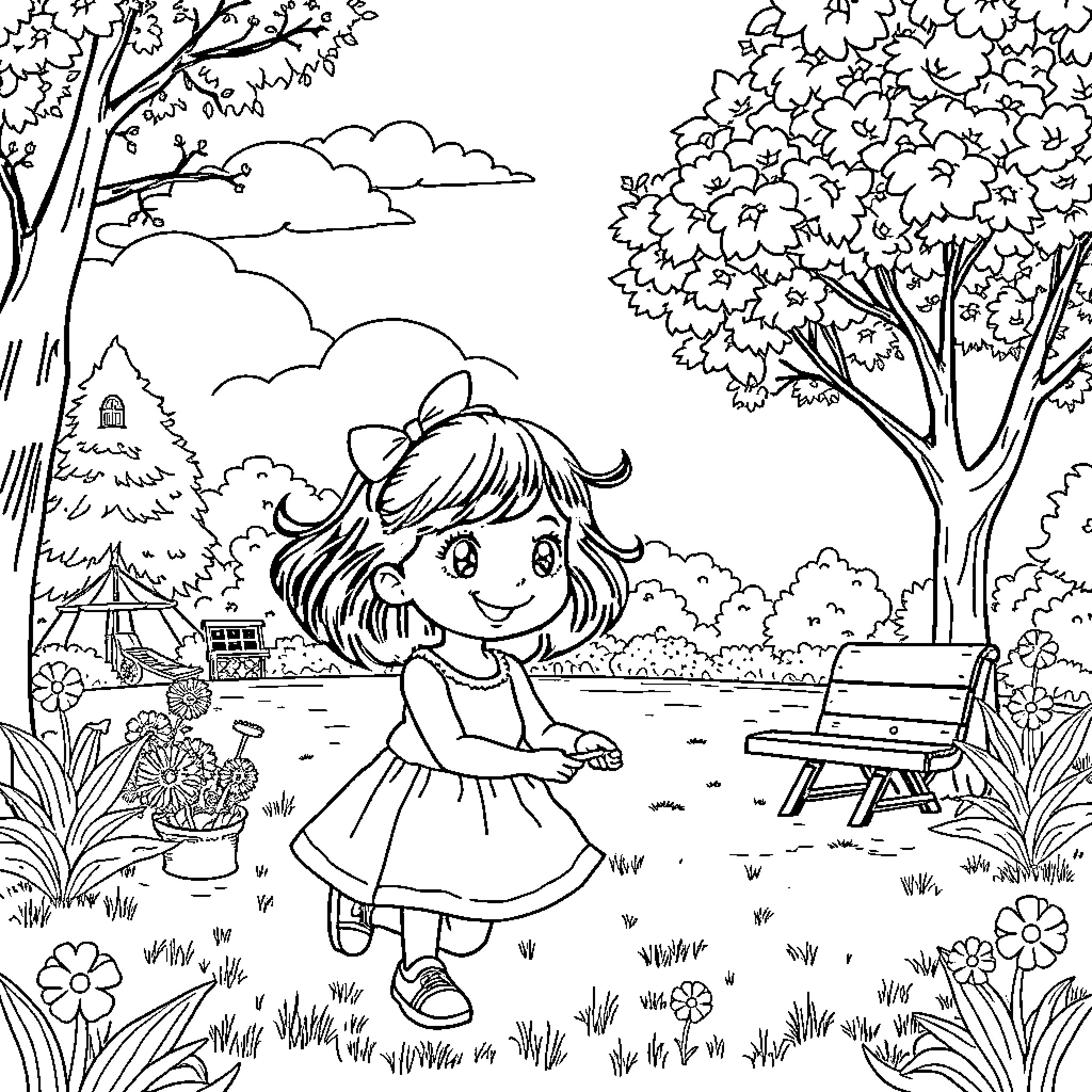 Zoey exploring a whimsical garden landscape Coloring Page (free black-and-white line drawing printable PDF for all, from beginners to advanced learners, including children, teens, adults, and seniors)