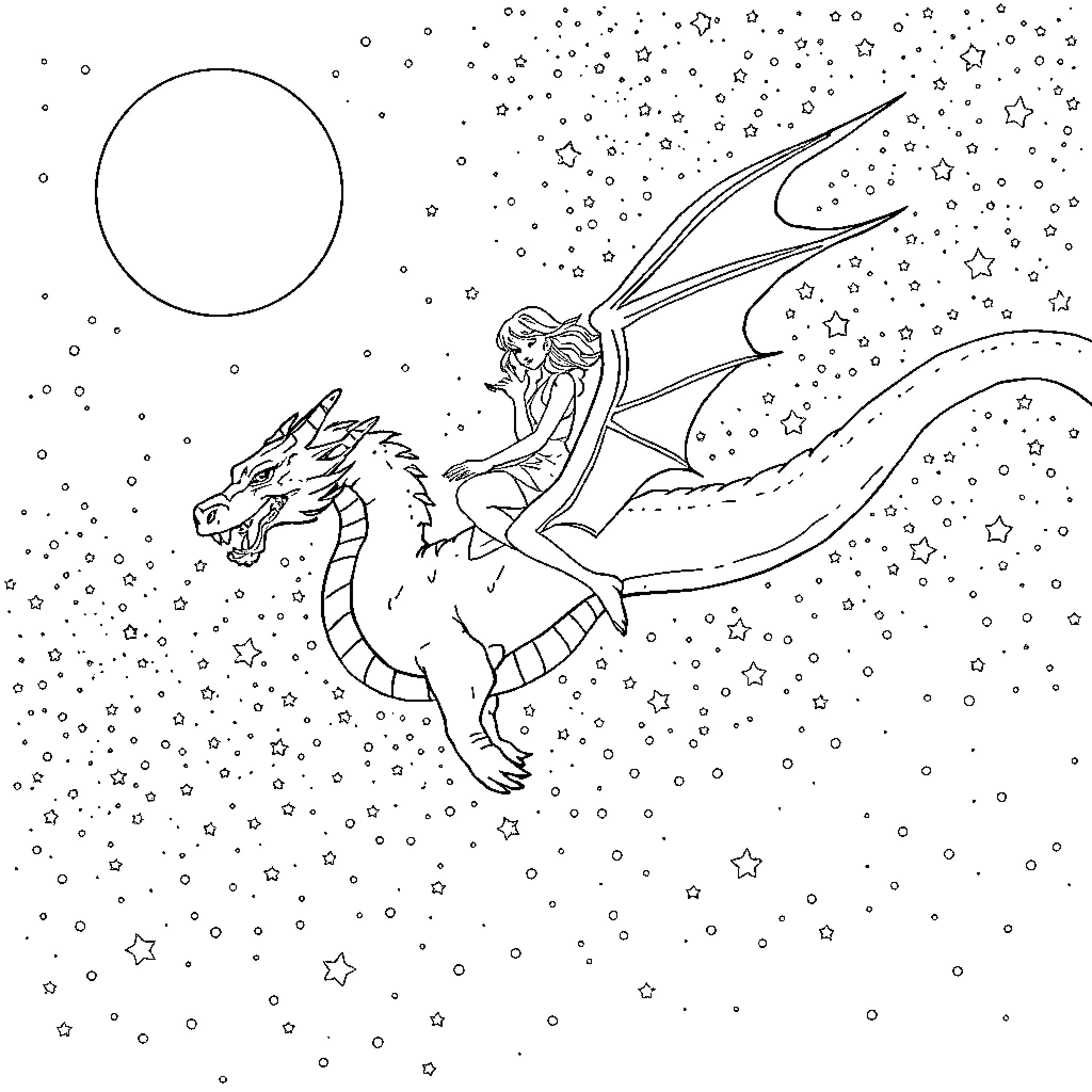 Taylor Swift rides a dragon through a starry night Coloring Page (free black-and-white line drawing printable PDF for all, from beginners to advanced learners, including children, teens, adults, and seniors)