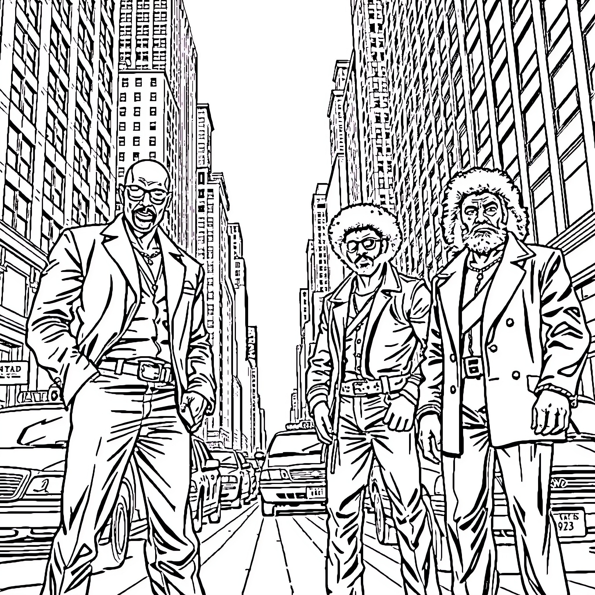 Character Trio Strolling Down Busy City Street Coloring Page (free black-and-white line drawing printable PDF for all, from beginners to advanced learners, including children, teens, adults, and seniors)