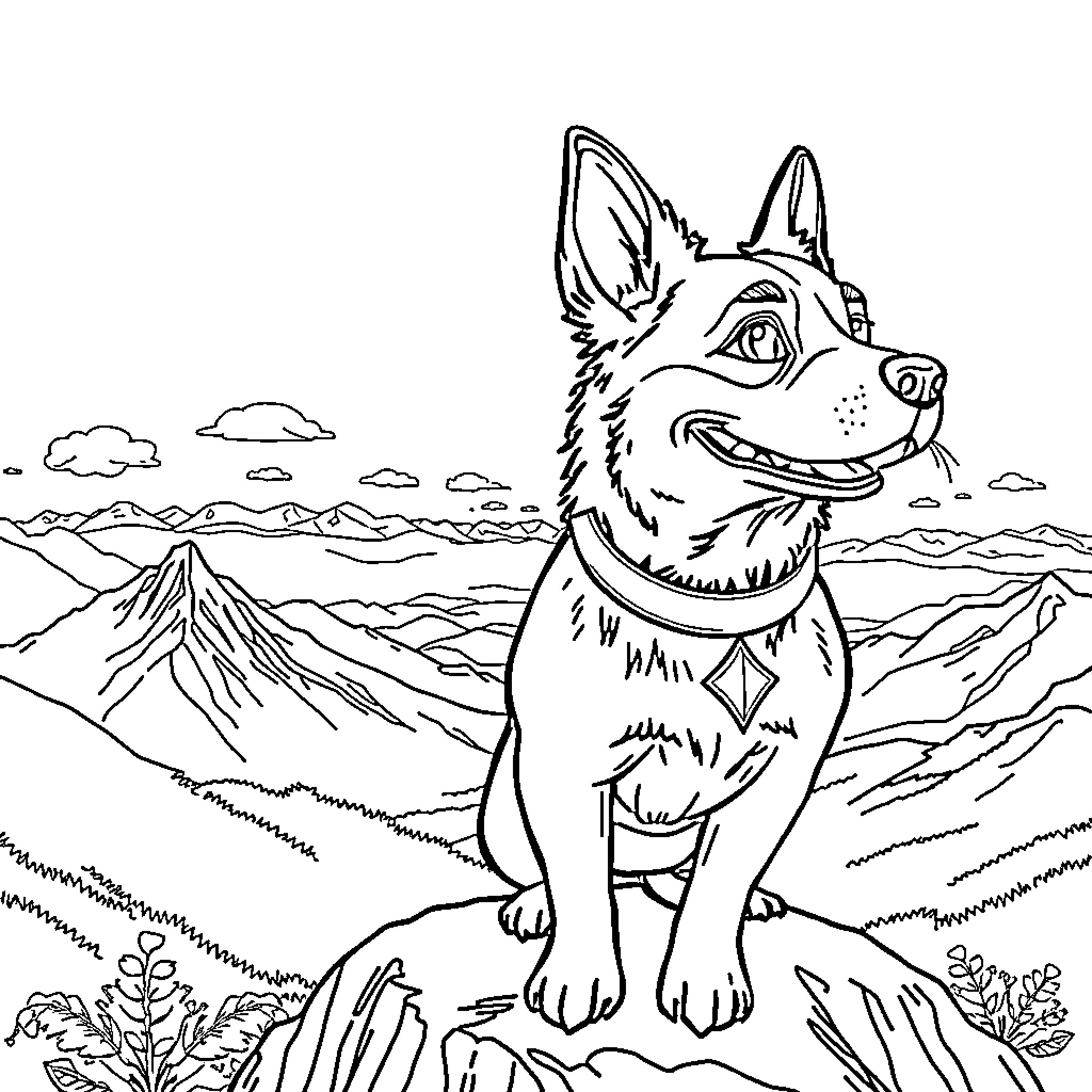 Dog exploring the mountain landscape Coloring Page (free black-and-white line drawing printable PDF for all, from beginners to advanced learners, including children, teens, adults, and seniors)