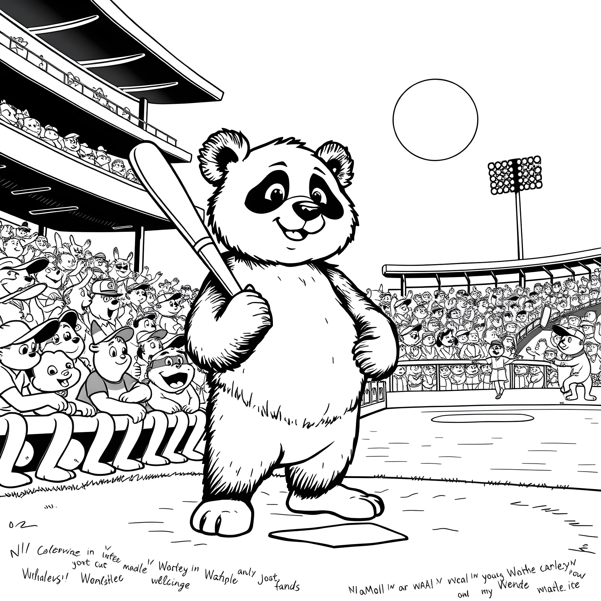 Panda playing baseball in the stadium Coloring Page (free black-and-white line drawing printable PDF for all, from beginners to advanced learners, including children, teens, adults, and seniors)
