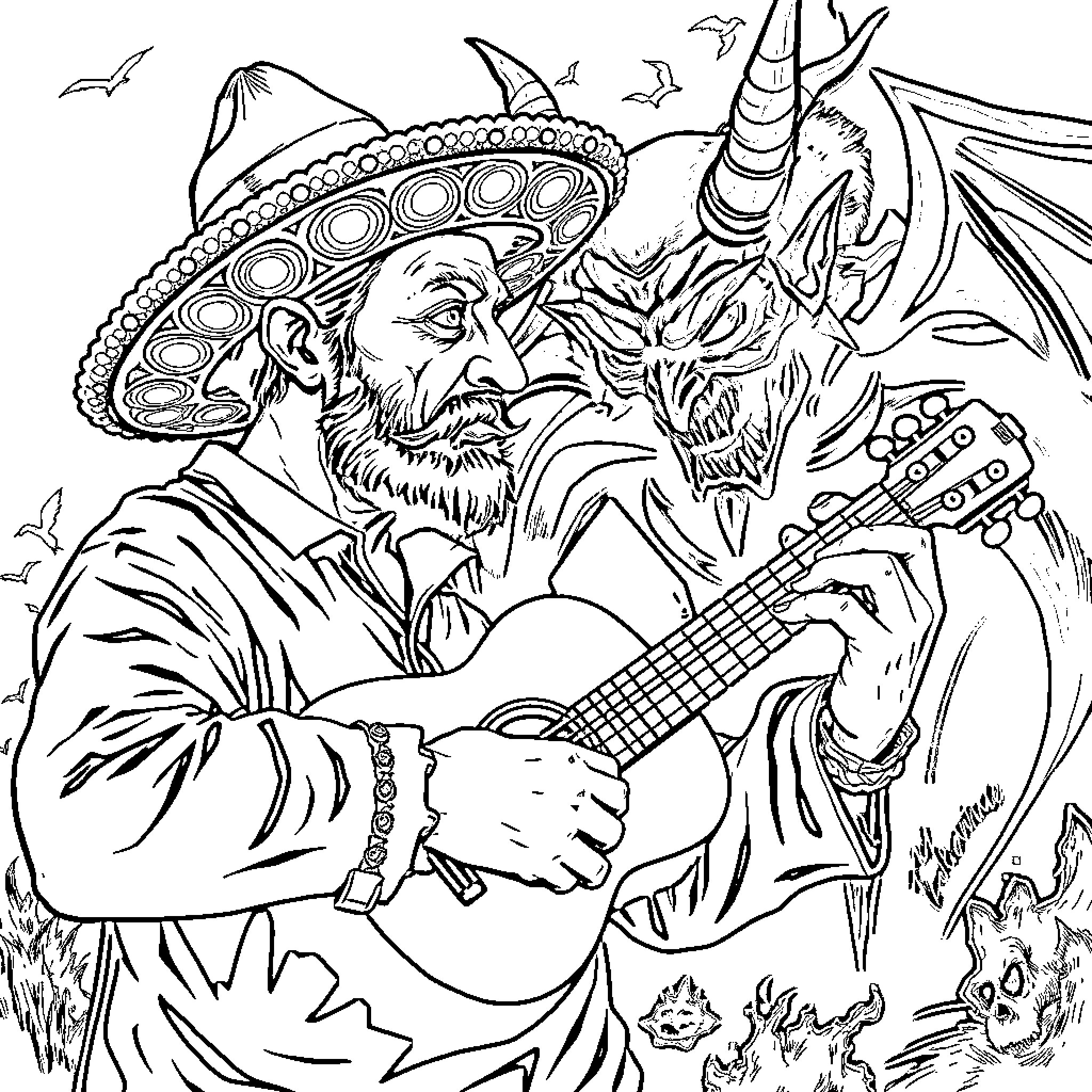 Hombre playing guitar with mysterious demonic companion Coloring Page (free black-and-white line drawing printable PDF for all, from beginners to advanced learners, including children, teens, adults, and seniors)
