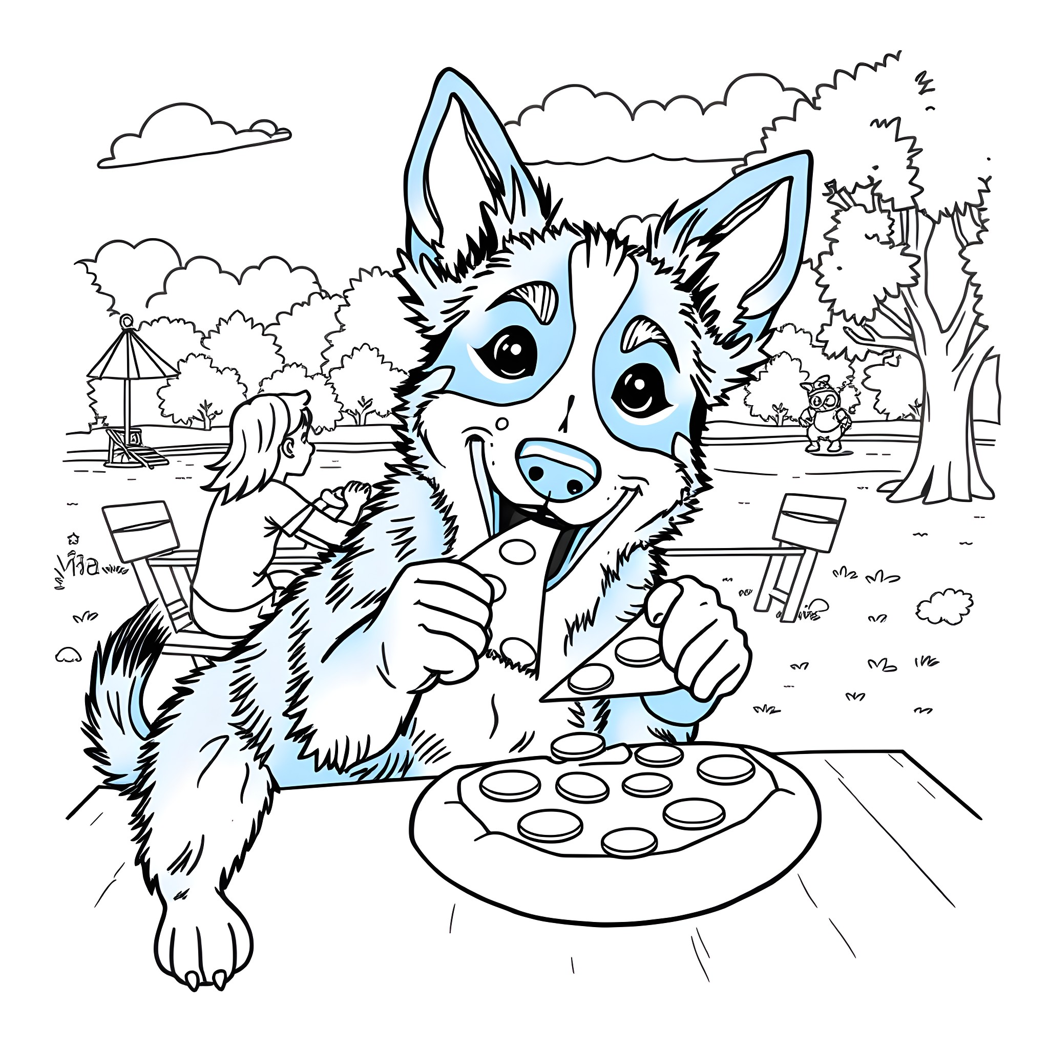 Bluey playing with toys in the park Coloring Page (free black-and-white line drawing printable PDF for all, from beginners to advanced learners, including children, teens, adults, and seniors)