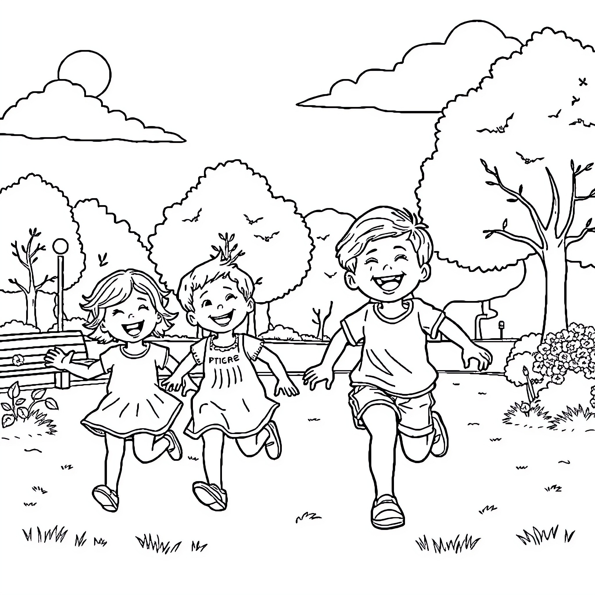 Kids running and playing happily in the park Coloring Page (free black-and-white line drawing printable PDF for all, from beginners to advanced learners, including children, teens, adults, and seniors)