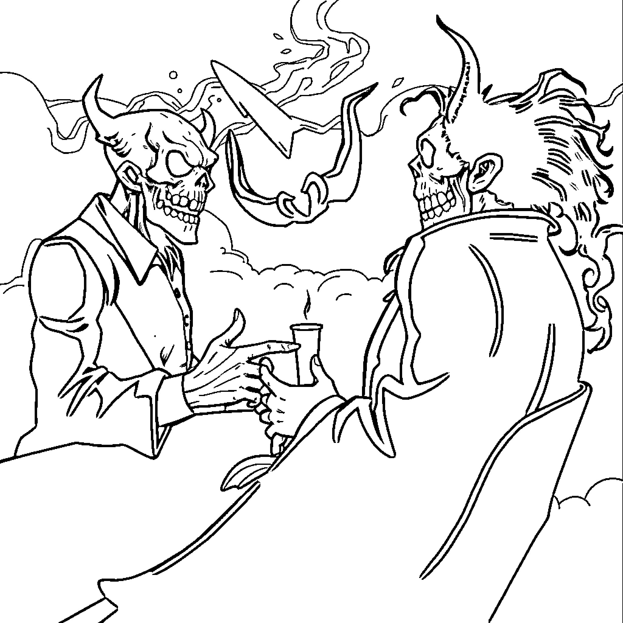 Villain Toasting with Demonic Companions Coloring Page (free black-and-white line drawing printable PDF for all, from beginners to advanced learners, including children, teens, adults, and seniors)