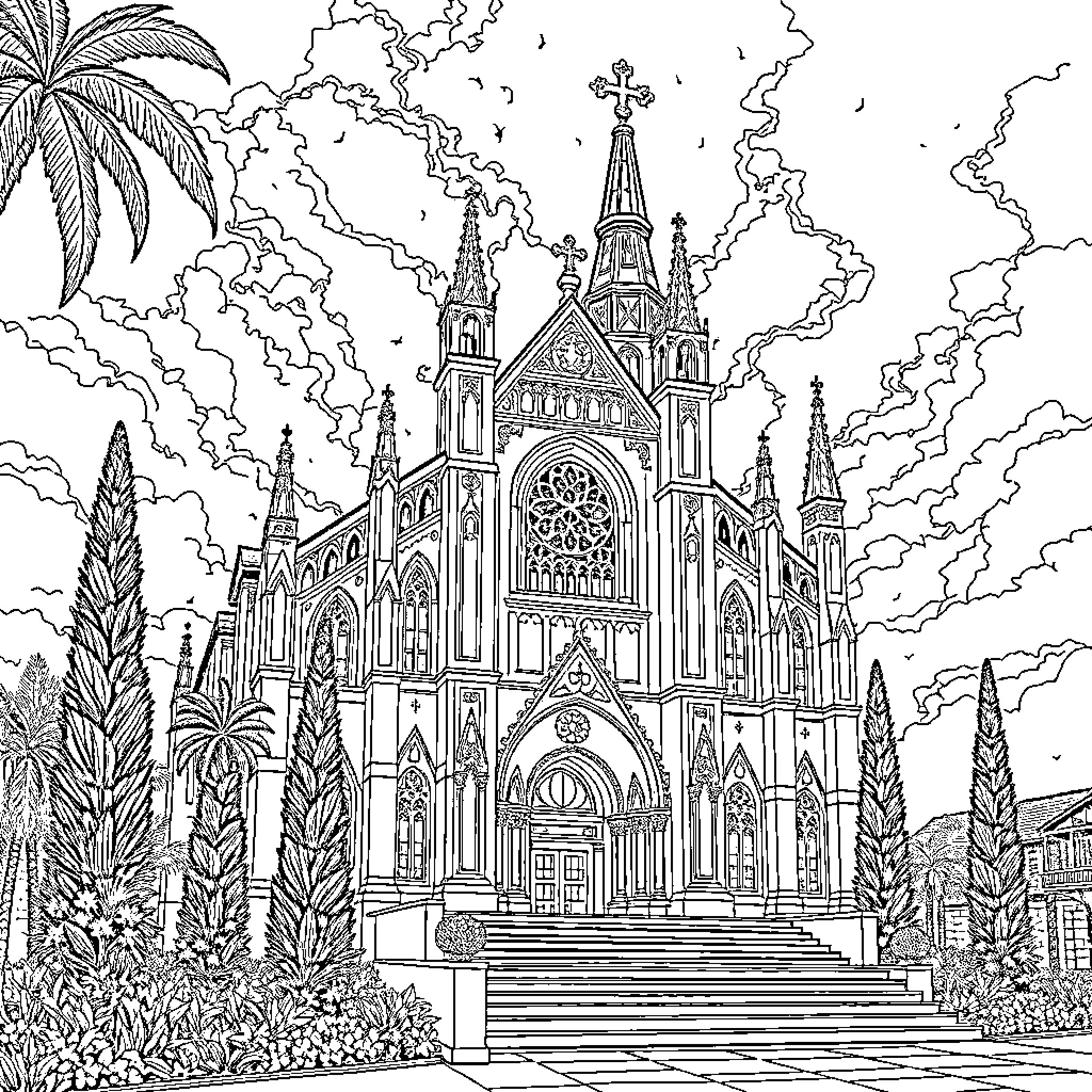 Dome of ornate Gothic cathedral in fantasy landscape Coloring Page (free black-and-white line drawing printable PDF for all, from beginners to advanced learners, including children, teens, adults, and seniors)