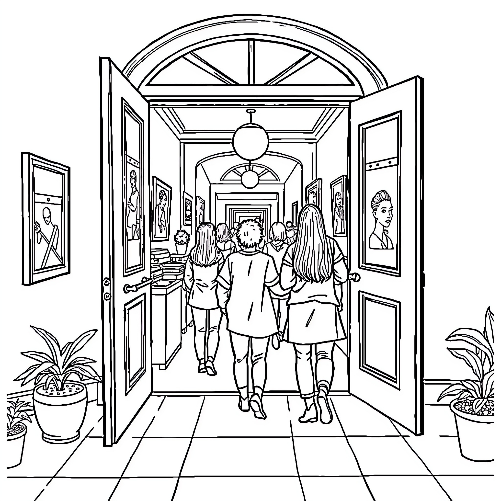 House with a group of people entering the doorway Coloring Page (free black-and-white line drawing printable PDF for all, from beginners to advanced learners, including children, teens, adults, and seniors)