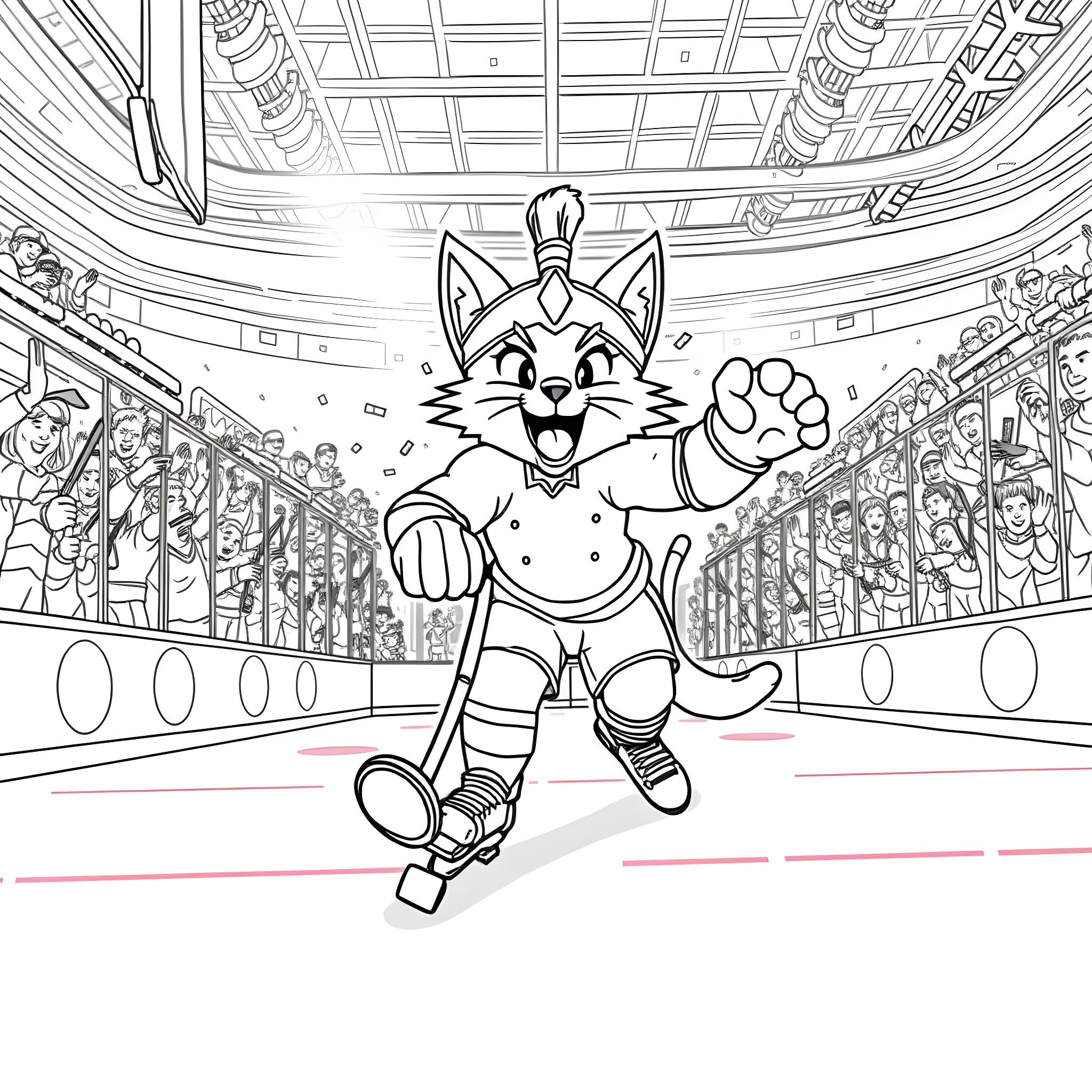 Spartacat's Exciting Hockey Game Coloring Page (free black-and-white line drawing printable PDF for all, from beginners to advanced learners, including children, teens, adults, and seniors)